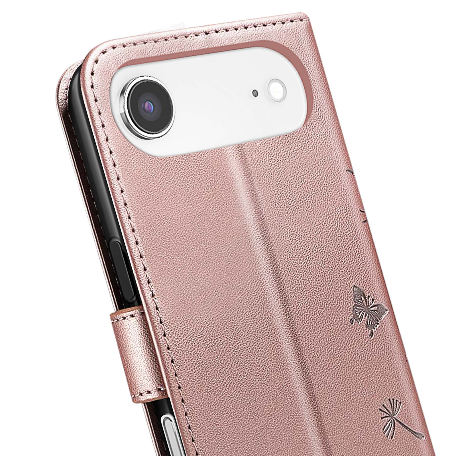 Nahaufnahme einer rosa Handyhülle mit Kameraausschnitt, Schmetterling und Pusteblumen-Design. Die Hülle ist lederartig mit Nähten.