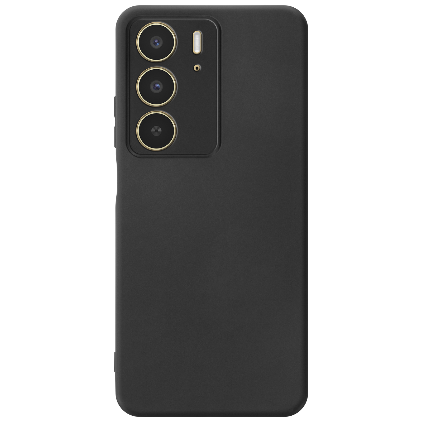 Retro del smartphone nero con tre obiettivi della fotocamera e un flash. La custodia è nera.