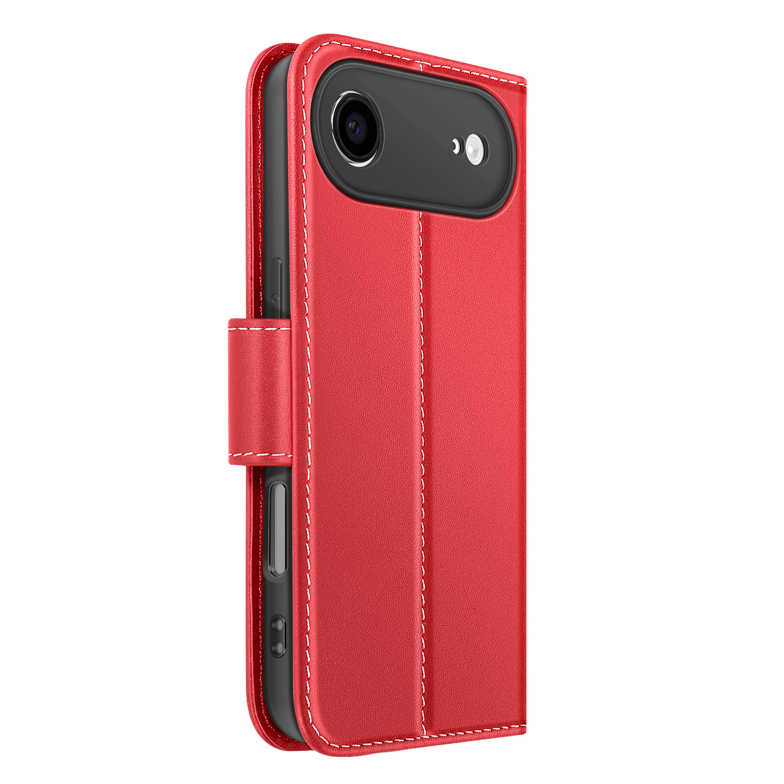 Una custodia rossa per telefono con cuciture bianche, un telefono nero e una fotocamera. La custodia è chiusa.