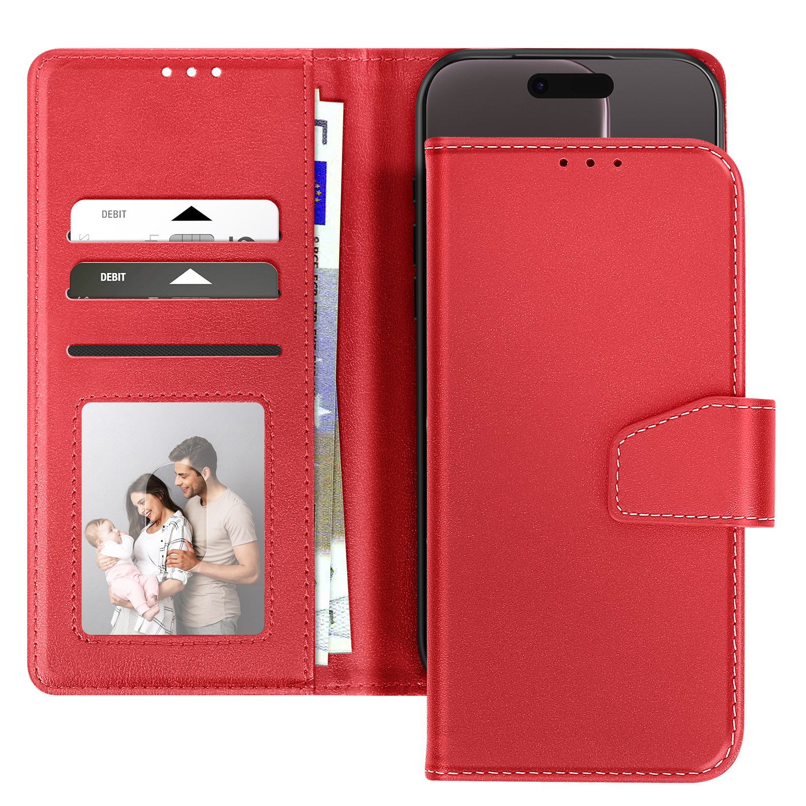 Custodia rossa con telefono dentro. Ha scomparti per carte, foto di famiglia e chiusura a scatto.