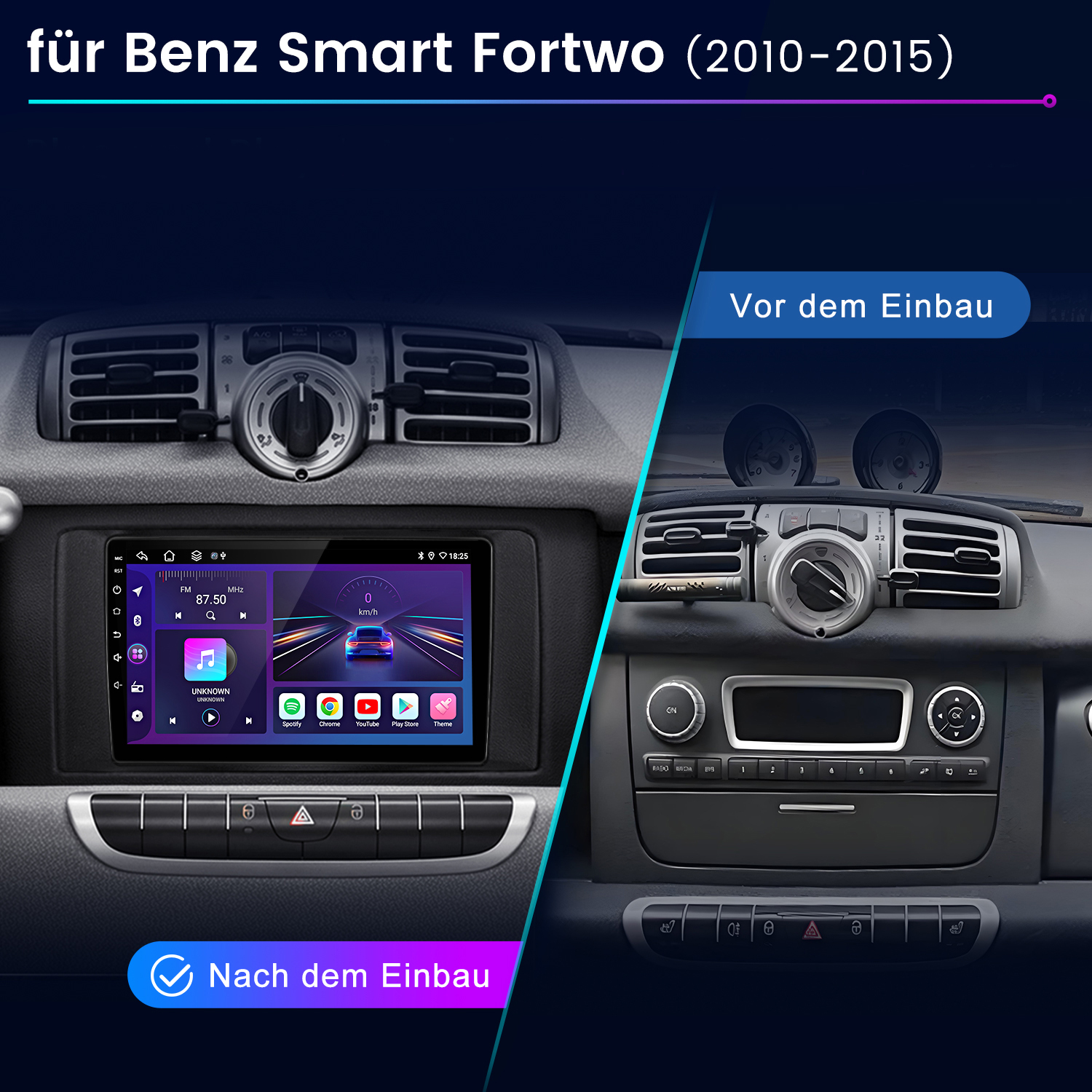 Das Bild zeigt das Armaturenbrett eines Autos vor und nach der Installation eines neuen Multimediasystems. Das neue System hat einen Touchscreen.