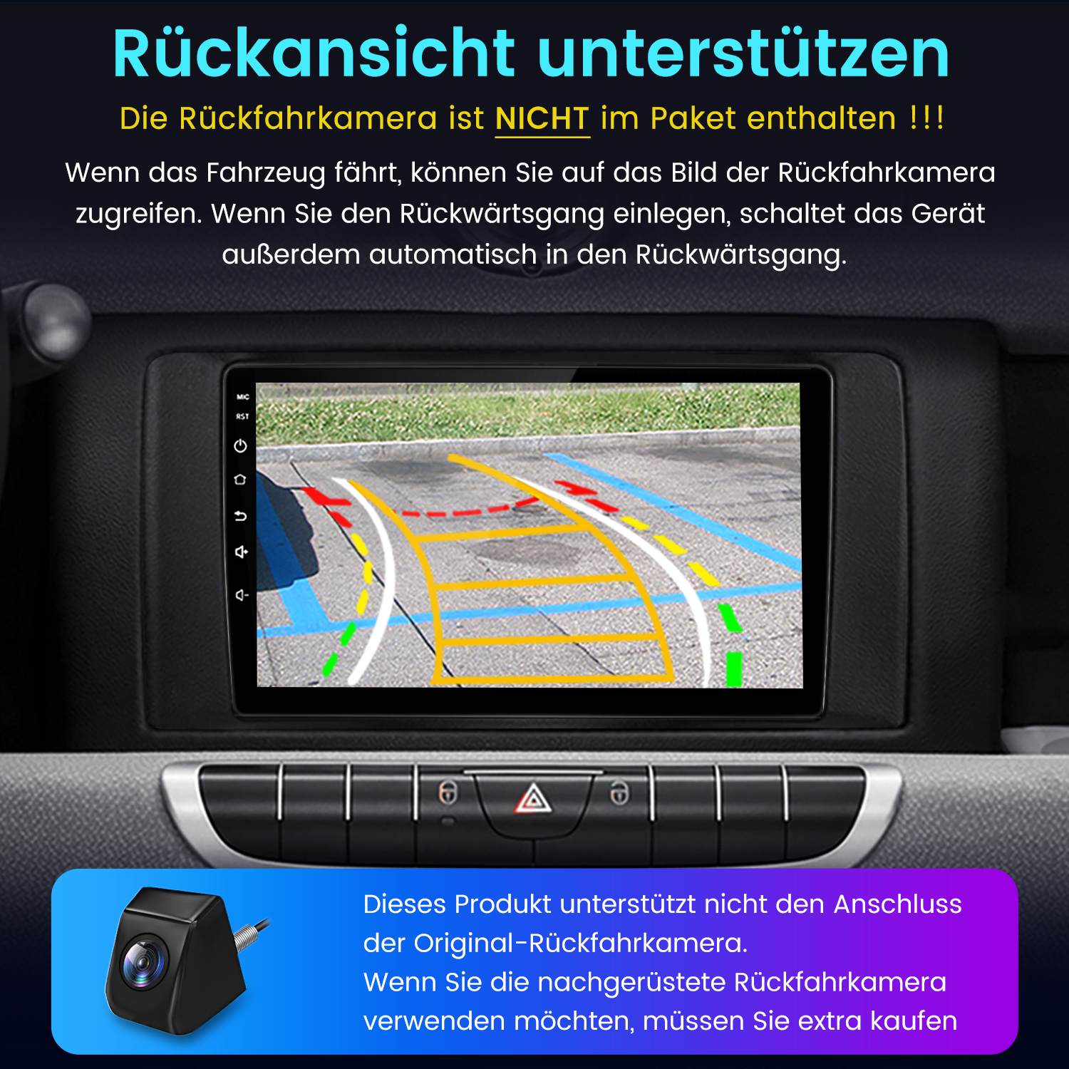 Auto-Armaturenbrett mit Bildschirm und Parklinien. Text auf Deutsch erklärt die Rückfahrkamera-Funktion.