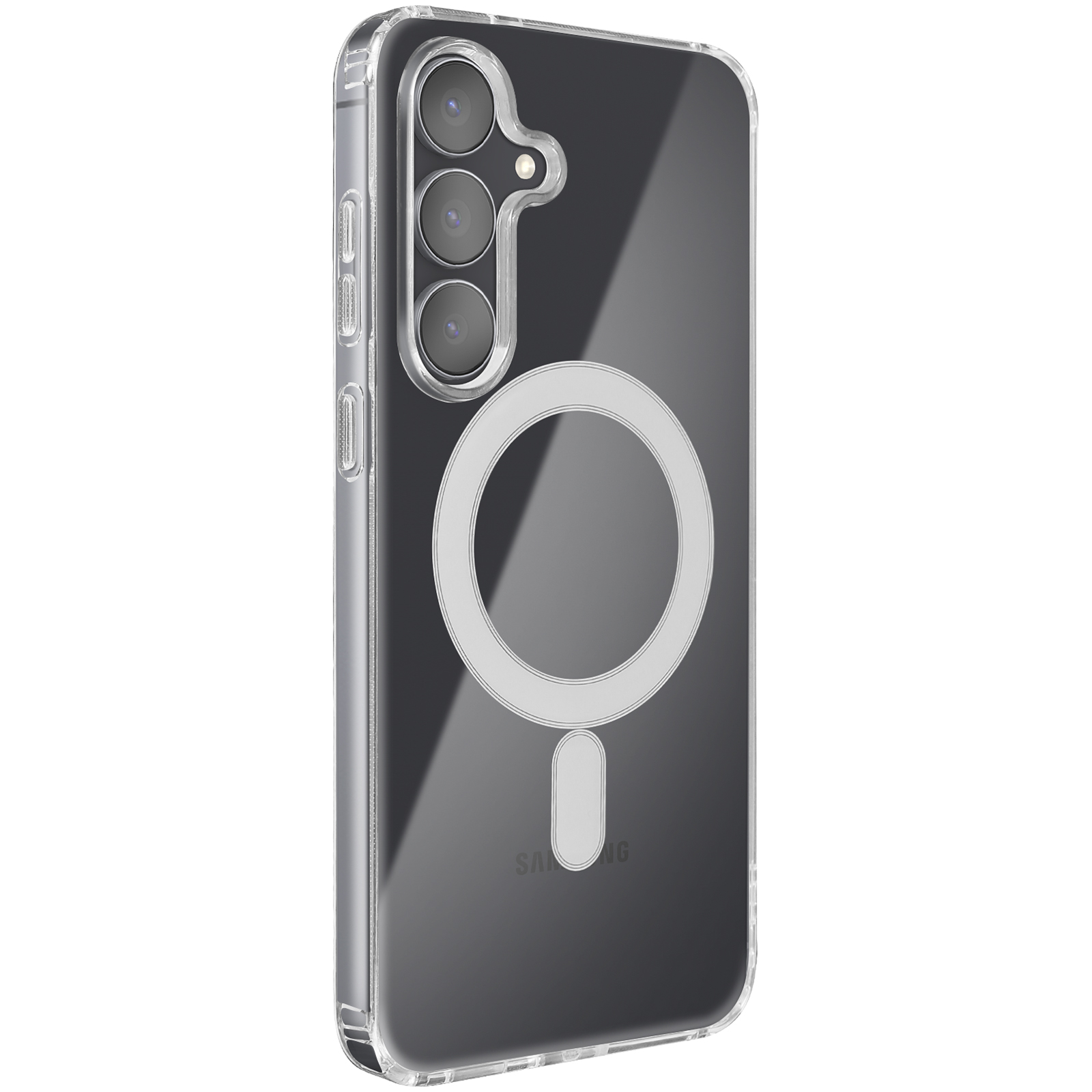 Custodia trasparente per telefono. Ha tre obiettivi e un design bianco a forma di anello e rettangolo sul retro.