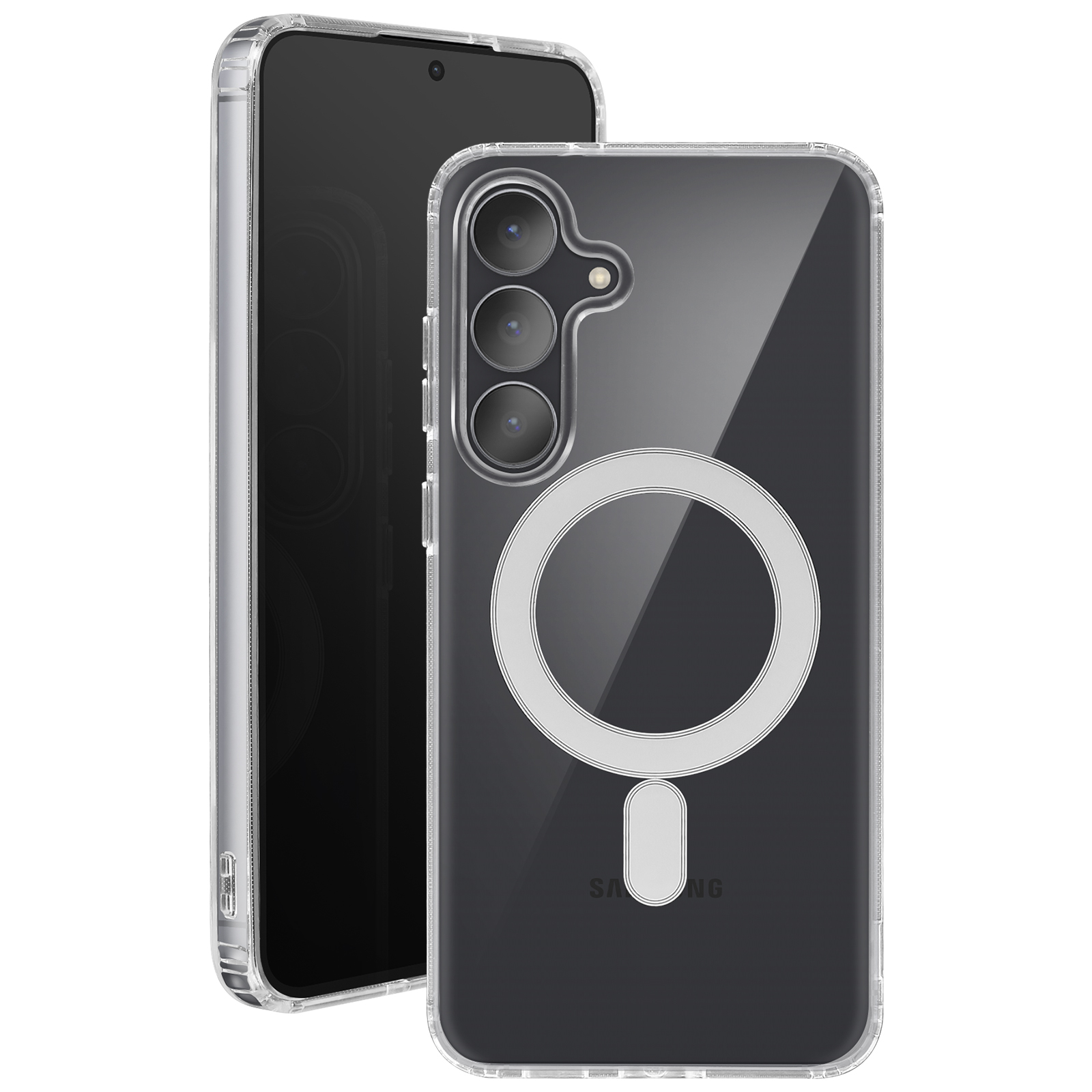 Custodia trasparente con telefono. Anello magnetico sul retro. Logo Samsung visibile.