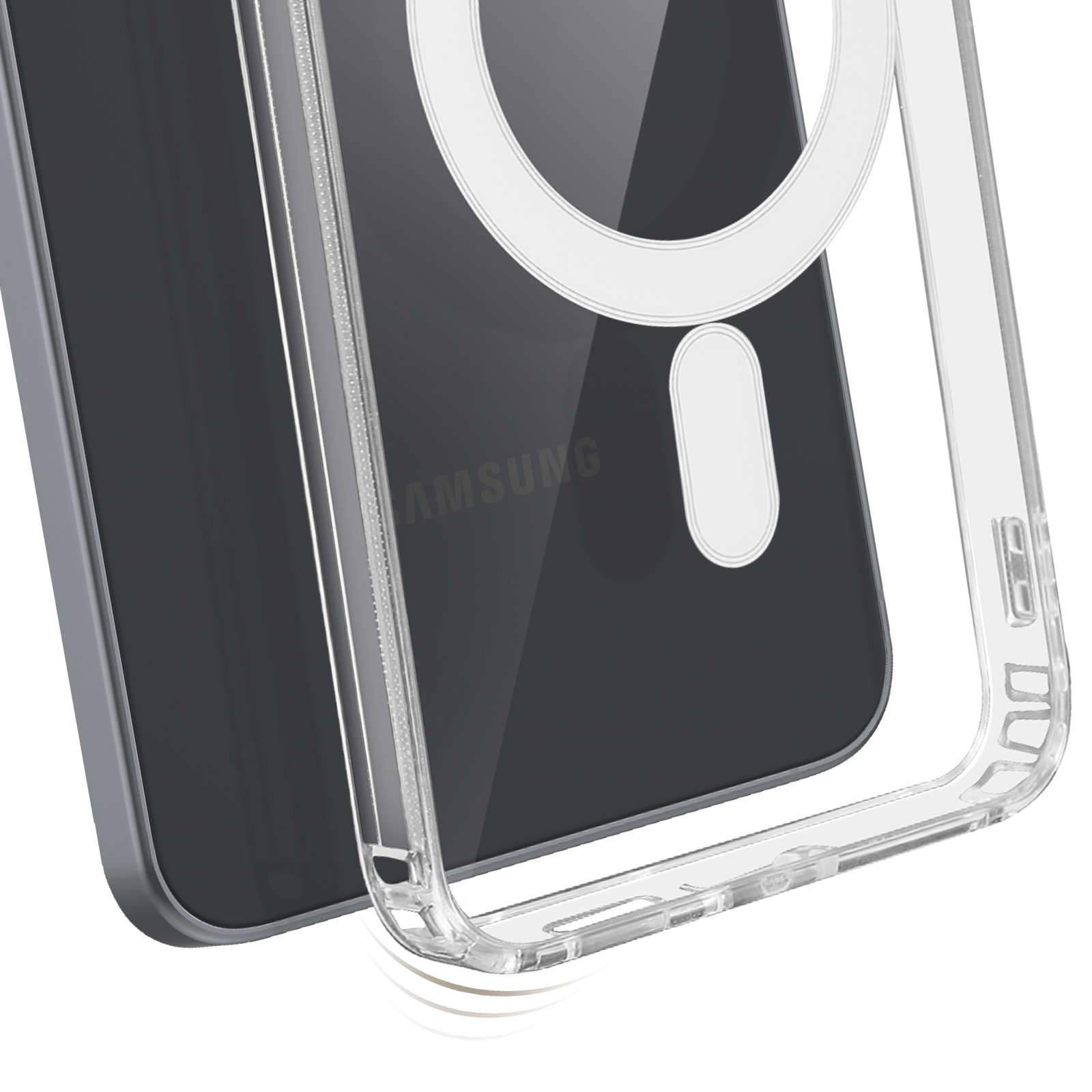 Una custodia trasparente per telefono con un anello bianco e un rettangolo bianco. Un telefono grigio è visibile attraverso la custodia. Il marchio è visibile.
