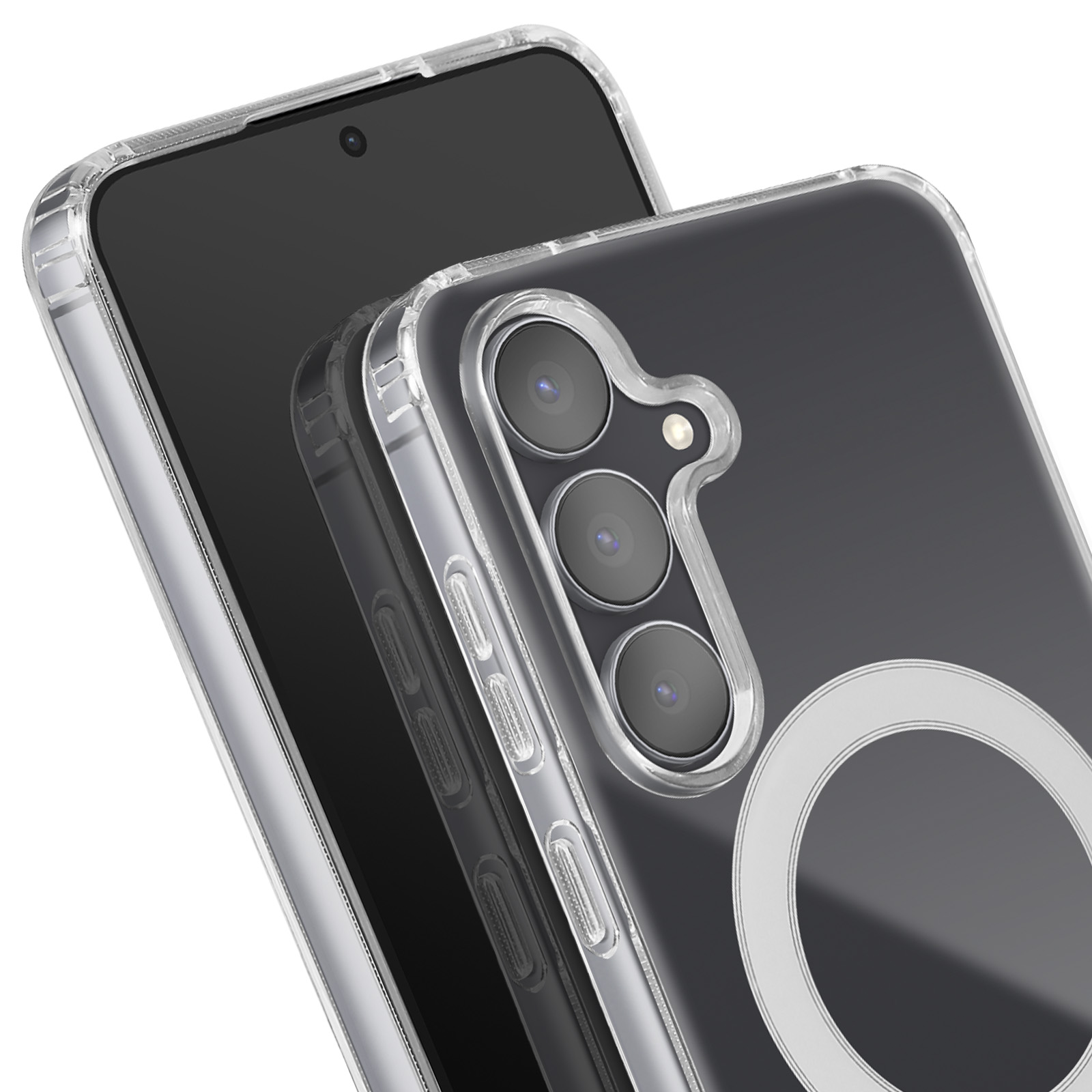 Custodia trasparente per telefono su un telefono nero, che mostra l'area della fotocamera. La custodia è trasparente e ha un cerchio magnetico.
