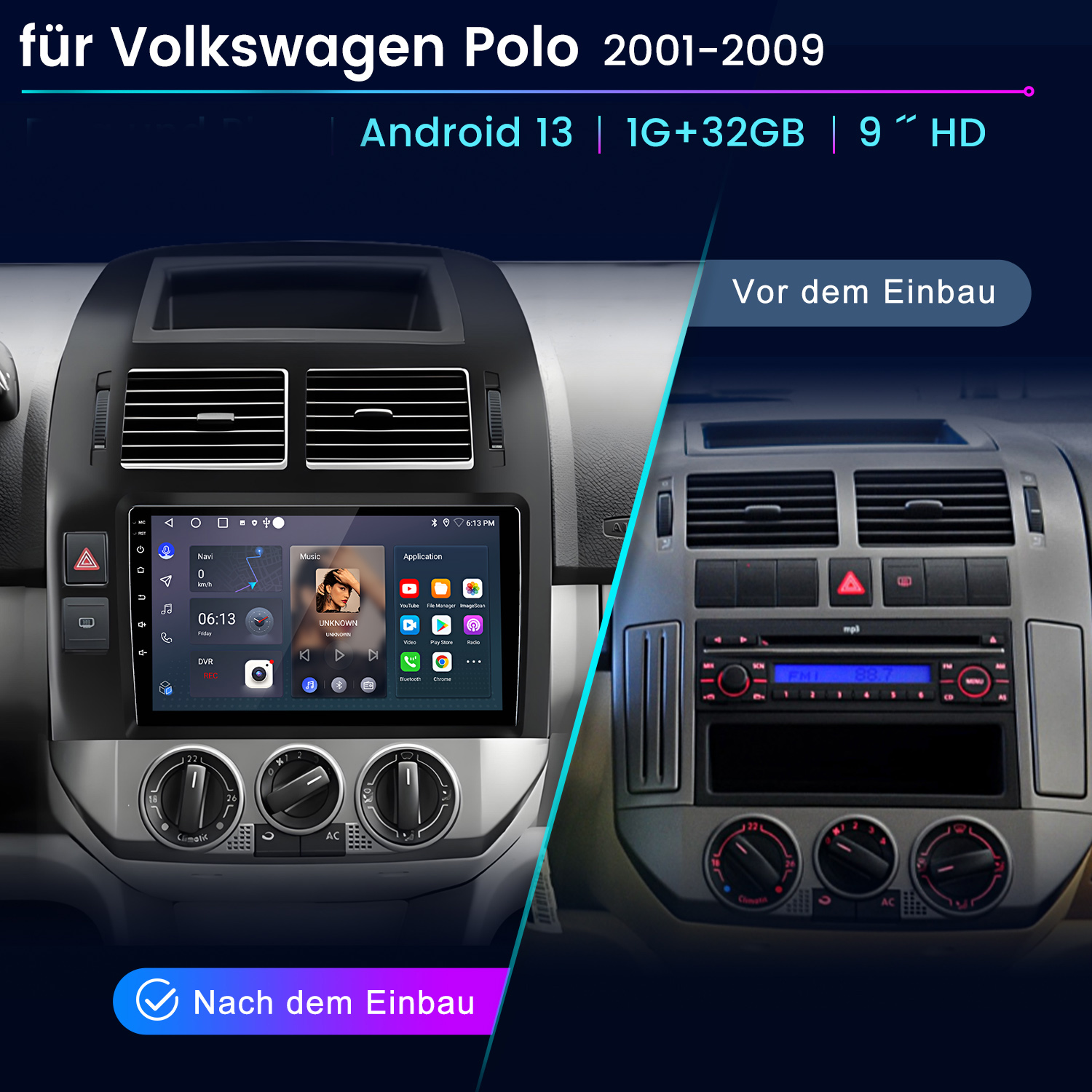 Autovergleich: Vor der Installation ein Standardradio, danach ein modernes Android-System mit Touchscreen.