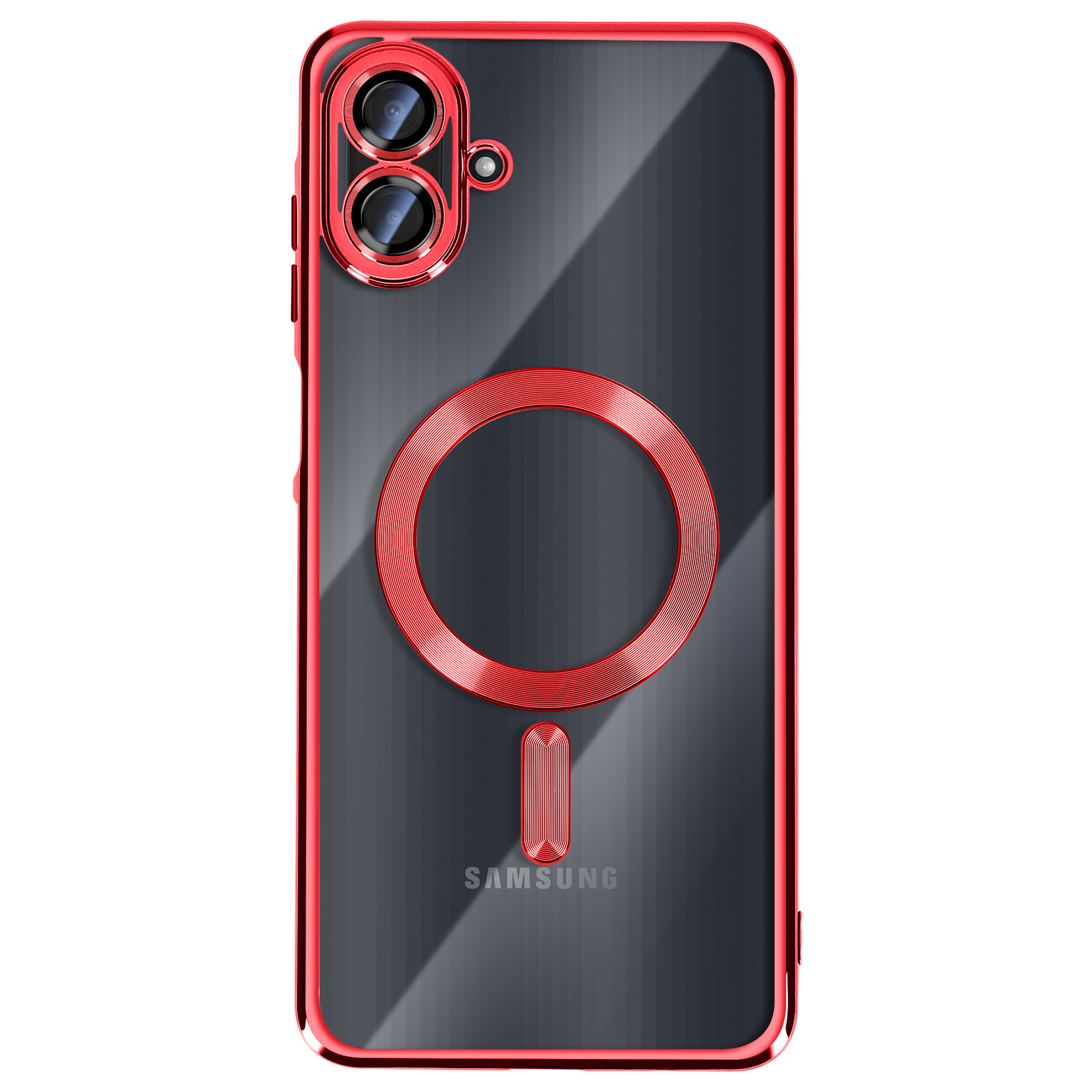 Une coque de téléphone, dos transparent avec cadre rouge. Détails cercle et rectangle rouges. Logo Samsung en bas.