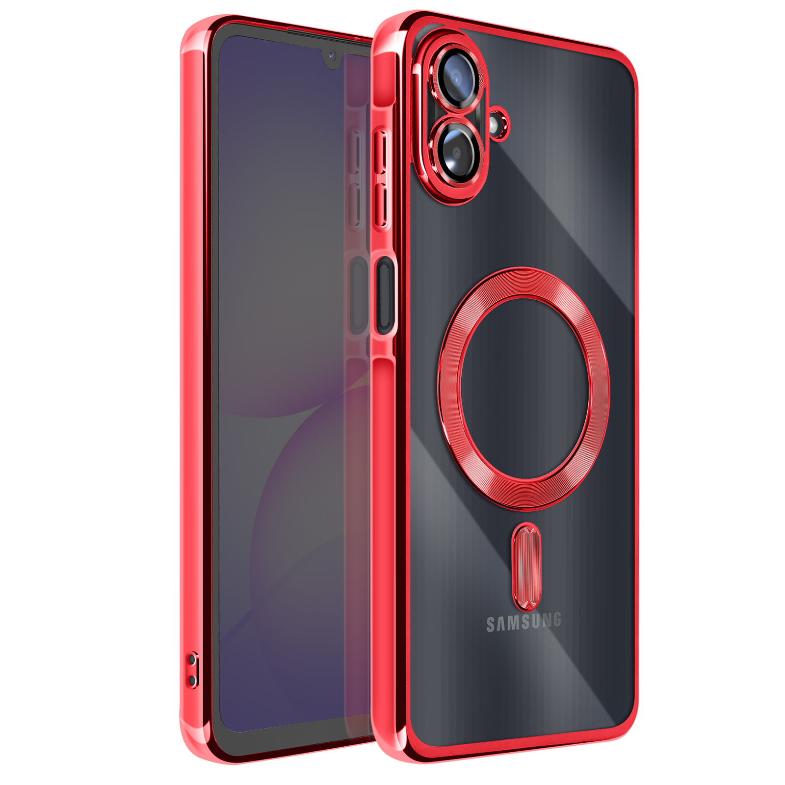 Un étui de téléphone rouge avec un dos noir, un cercle rouge et deux lentilles de caméra est montré.