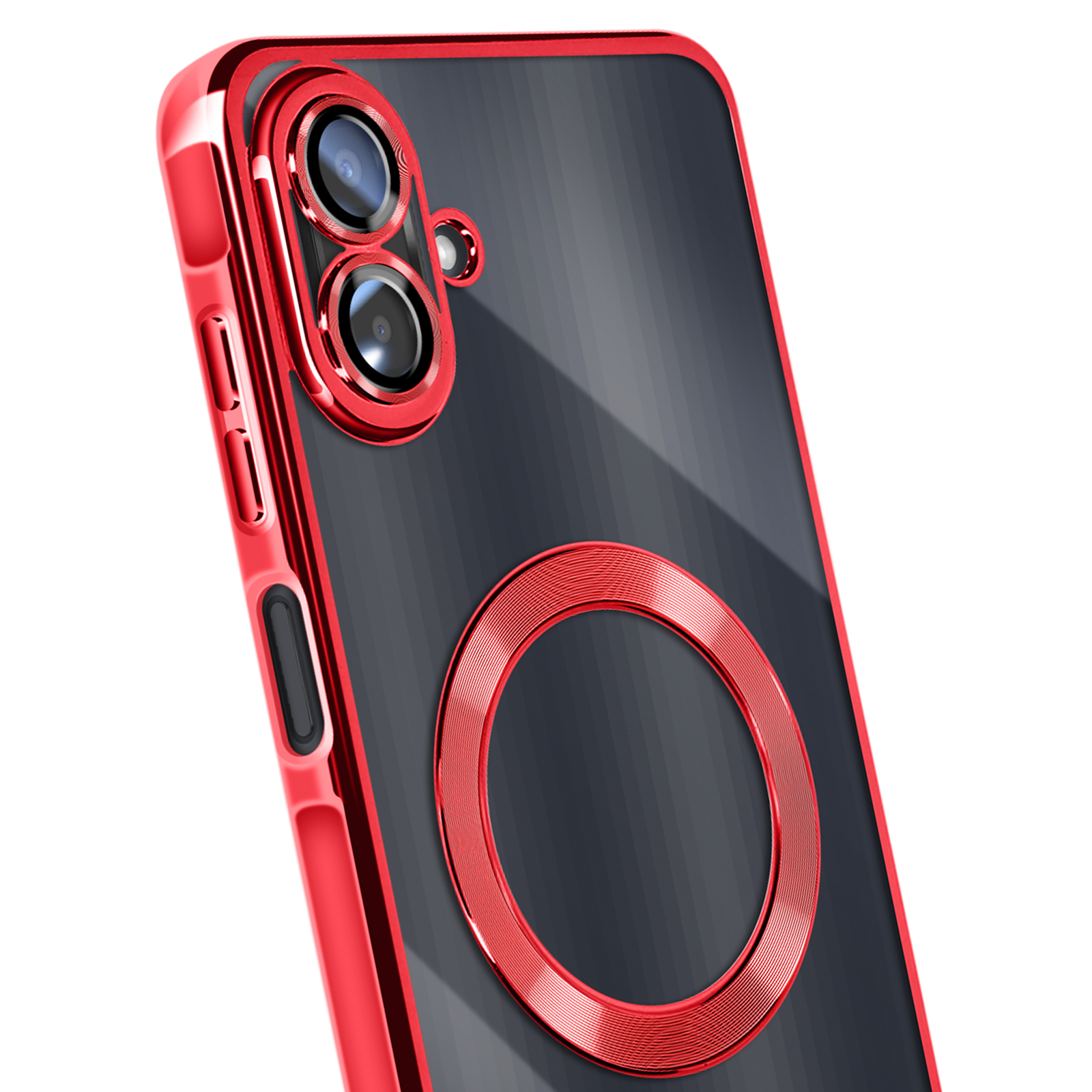 Un étui de téléphone rouge avec un dos transparent. L'étui a un anneau rouge autour de la caméra et un anneau rouge à l'arrière.