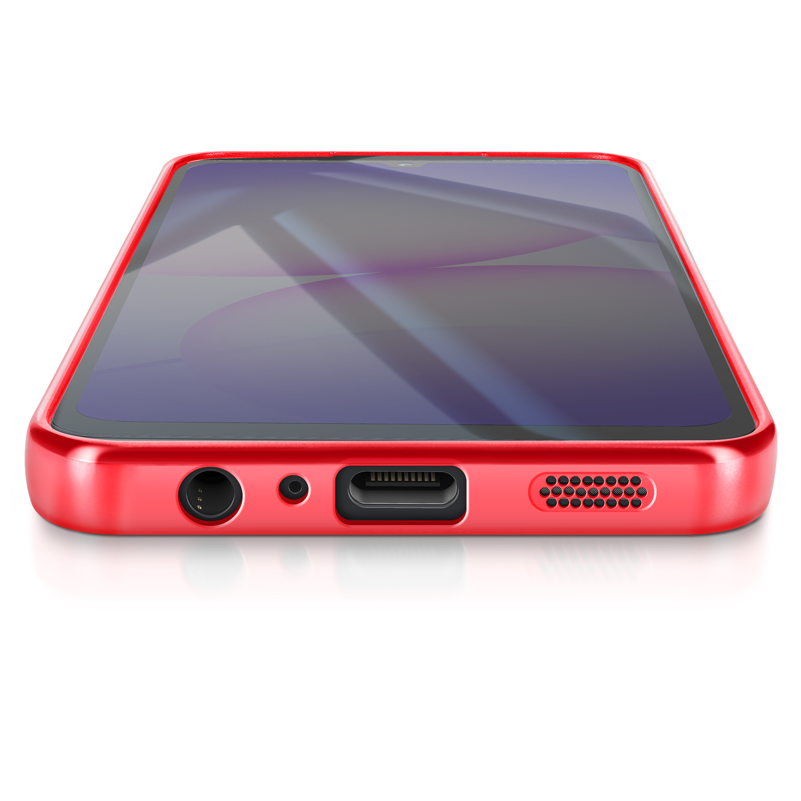 Un smartphone rouge est posé sur une surface blanche, montrant ses ports et son écran.