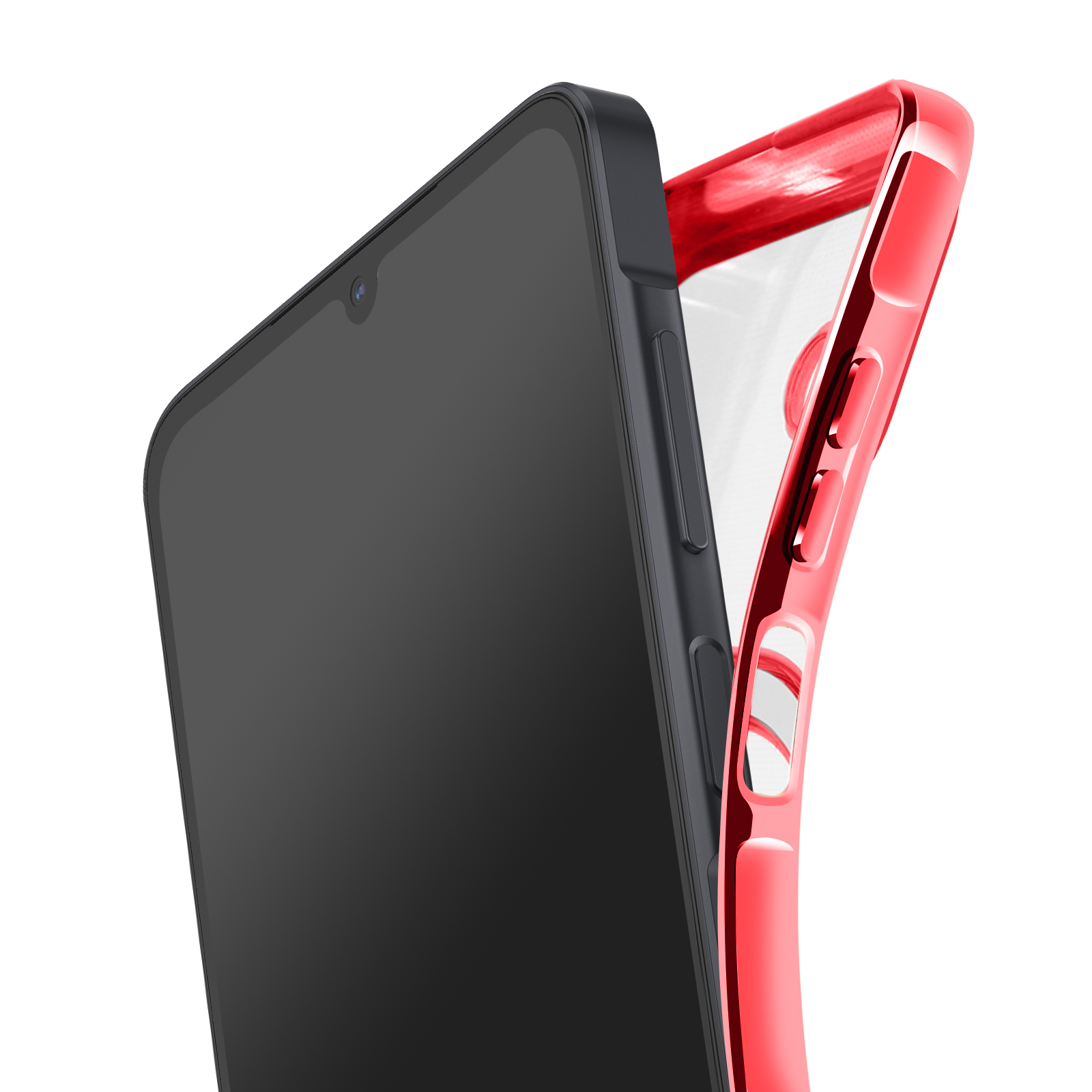 Un smartphone avec écran noir et coque rouge. La coque est partiellement détachée.