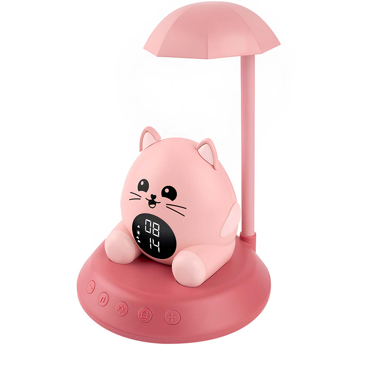 Eine rosa katzenförmige Lampe mit digitaler Uhr. Sie hat ein schirmförmiges Licht und steht auf einem kreisförmigen Sockel mit Knöpfen.
