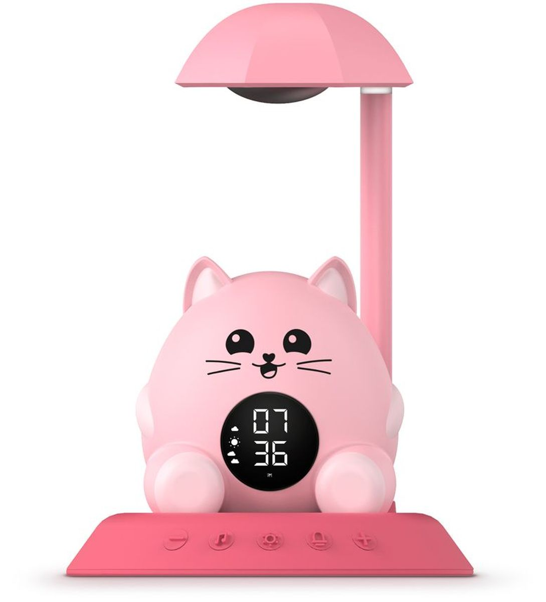 Eine rosa katzenförmige Schreibtischlampe mit Digitaluhr (07:36), Tasten und Lampenschirm.