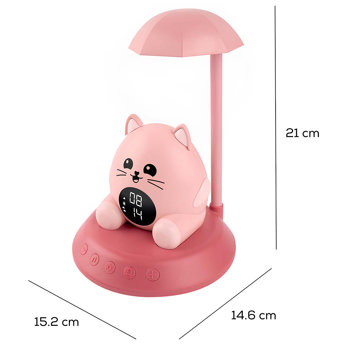 Ein rosa katzenförmiger Wecker mit einer Schirmlampe. Er zeigt die Uhrzeit an und hat Knöpfe. Abmessungen sind angegeben.