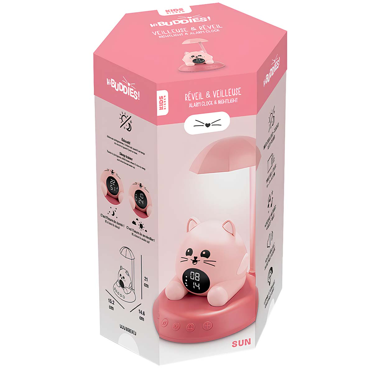 Ein rosa katzenförmiger Wecker mit schirmförmigem Licht. Die Uhr zeigt die Zeit an. Die Schachtel hat Text auf Französisch und Englisch.
