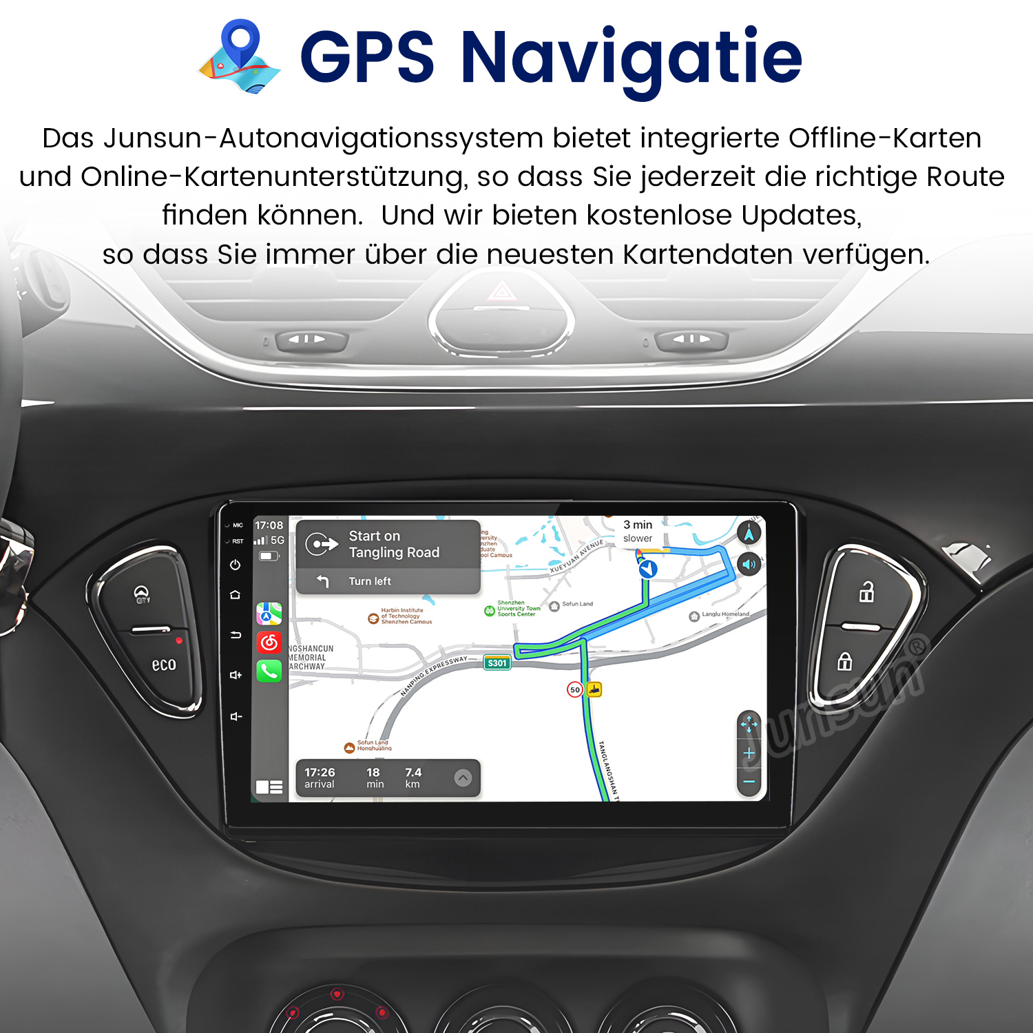 Auto-Armaturenbrett mit GPS-Navigation. Der Bildschirm zeigt eine Karte mit Routenführung und einer Abbiegeansage.
