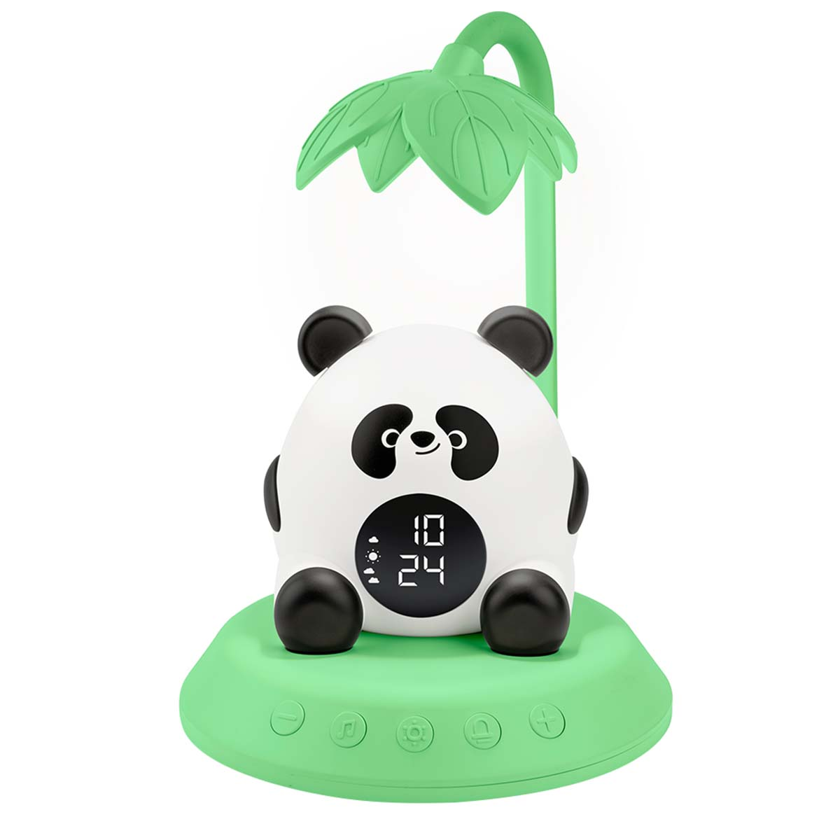 Una luce notturna a forma di panda. Il panda è bianco con accenti neri, seduto su una base verde con bottoni. Una foglia verde è sopra il panda.