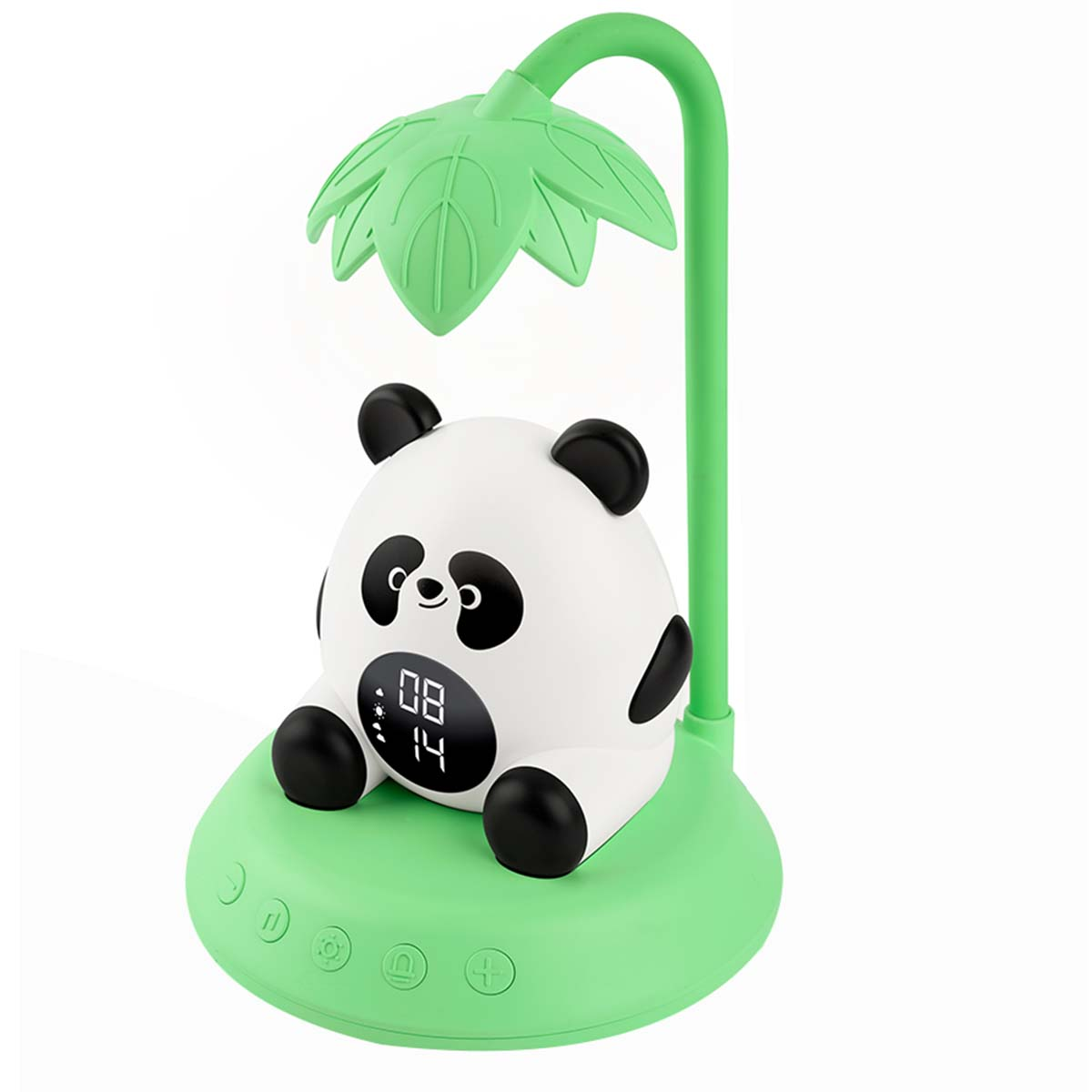 Una lampada a forma di panda con un display digitale dell'orologio. Ha uno stelo verde e una parte superiore a forma di foglia. La base e il panda sono su una superficie verde.