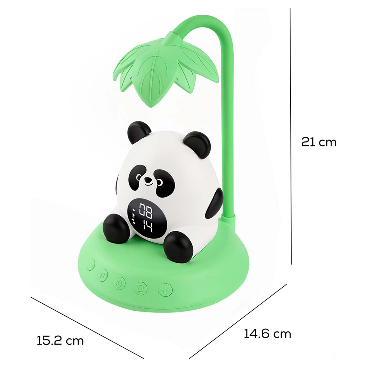 Una lampada a forma di panda con base verde e parte superiore a forma di foglia. Visualizza l'ora. Sono indicate le dimensioni.