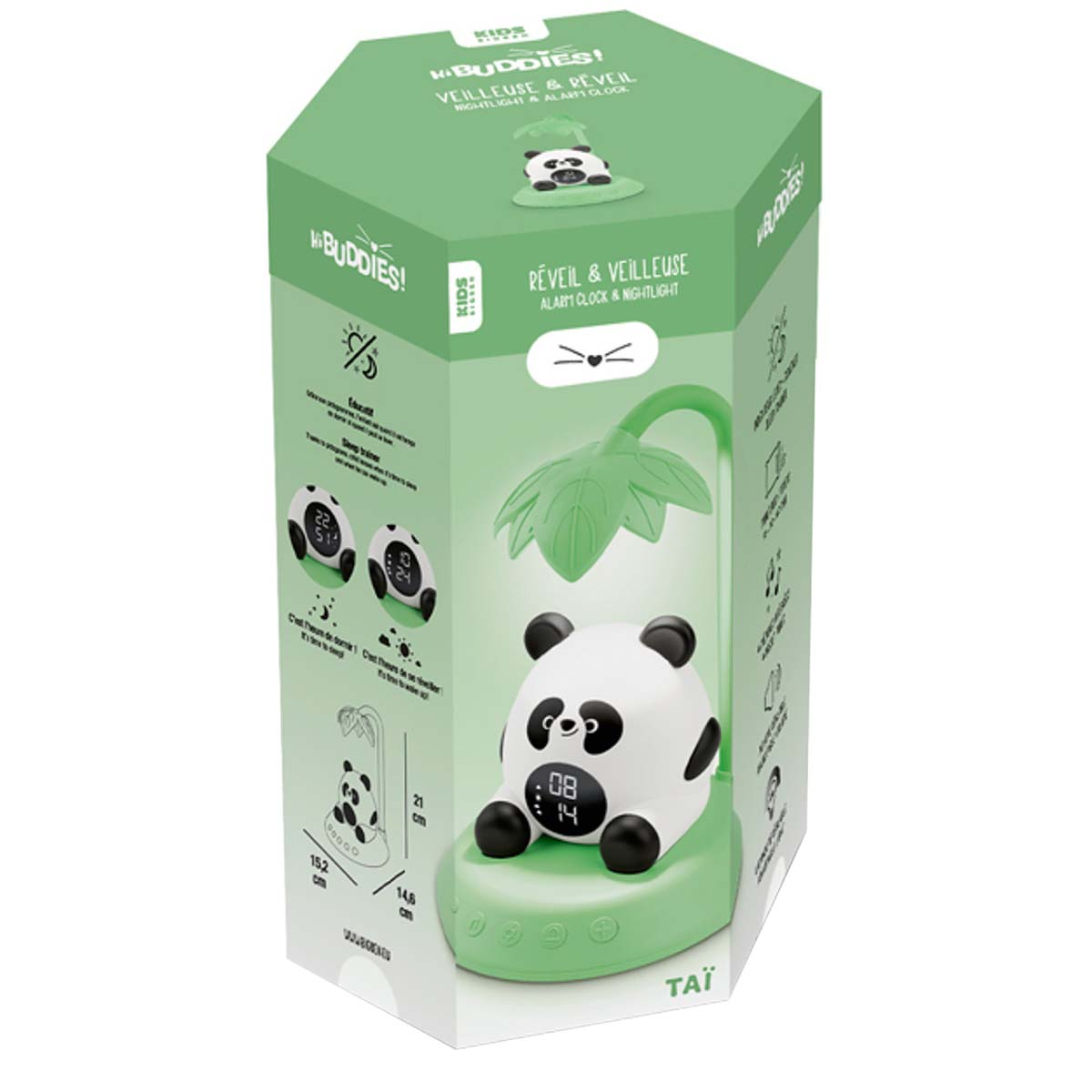 La scatola mostra una sveglia con luce notturna a forma di panda. La scatola è verde e bianca, con testo e immagini che ne descrivono le caratteristiche e le dimensioni.
