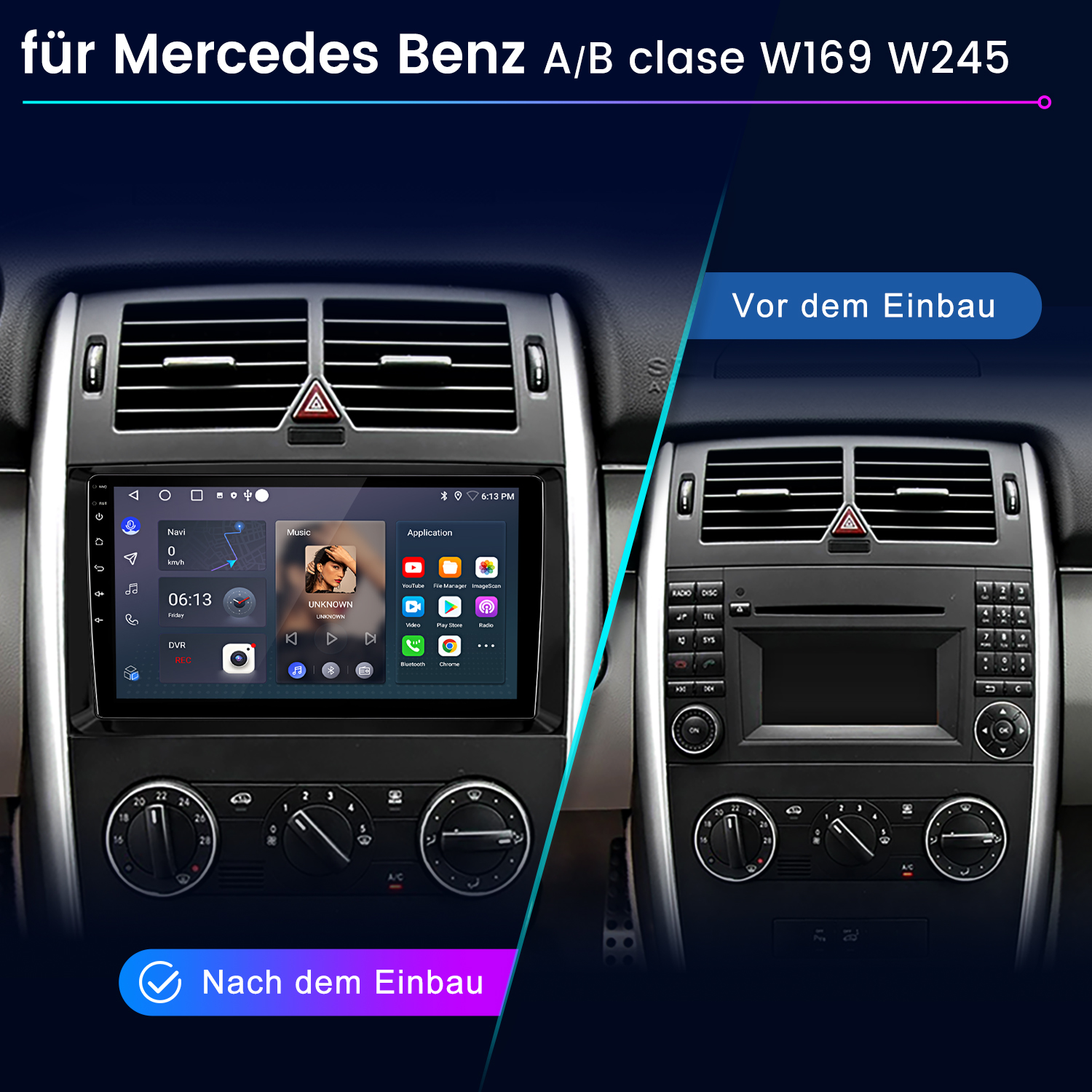 Das Bild zeigt das Armaturenbrett eines Autos vor und nach der Installation eines neuen Multimediasystems. Das neue System hat einen Touchscreen.