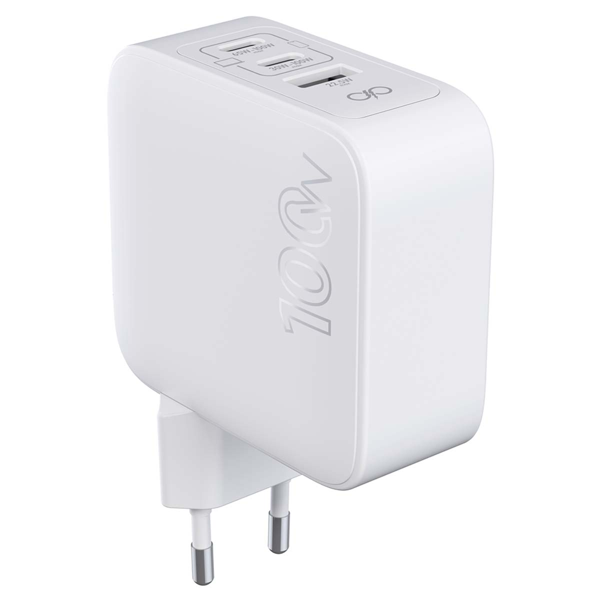 Ein weißes Netzteil mit drei USB-Anschlüssen. Es hat einen Stecker mit zwei Stiften und der Text '100W' ist sichtbar.