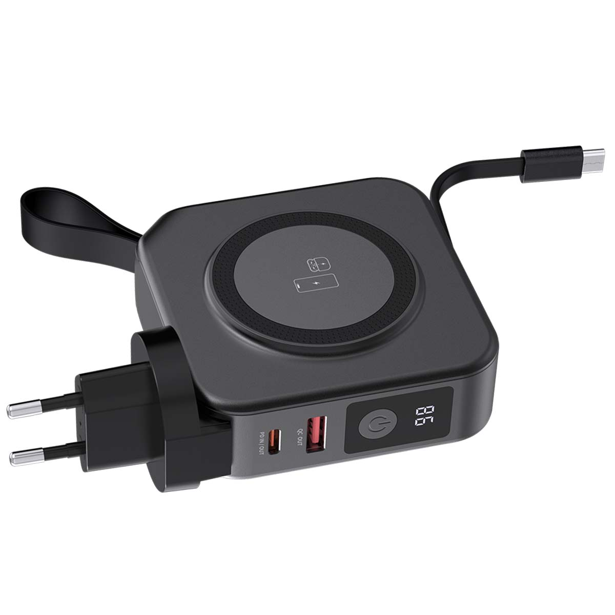 Ein schwarzes kabelloses Ladegerät mit Netzstecker und USB-C-Kabel. Es hat ein digitales Display und zwei USB-Anschlüsse.