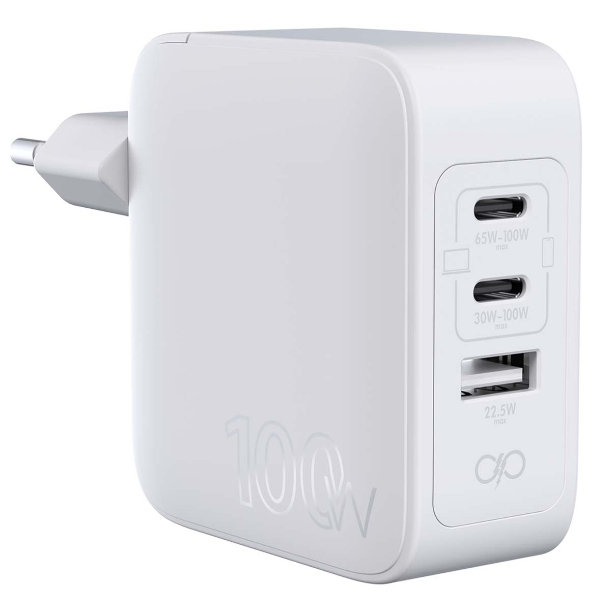 Ein weißer Netzadapter mit mehreren USB-Anschlüssen. Er hat einen Stecker und zeigt den Text '100W' an.