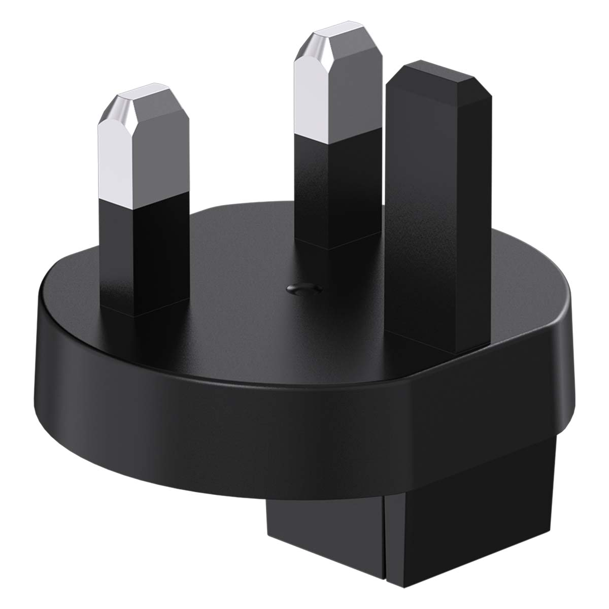 Ein schwarzer Netzadapter mit drei Stiften. Zwei Stifte haben silberne Spitzen. Der Adapter befindet sich auf weißem Hintergrund.