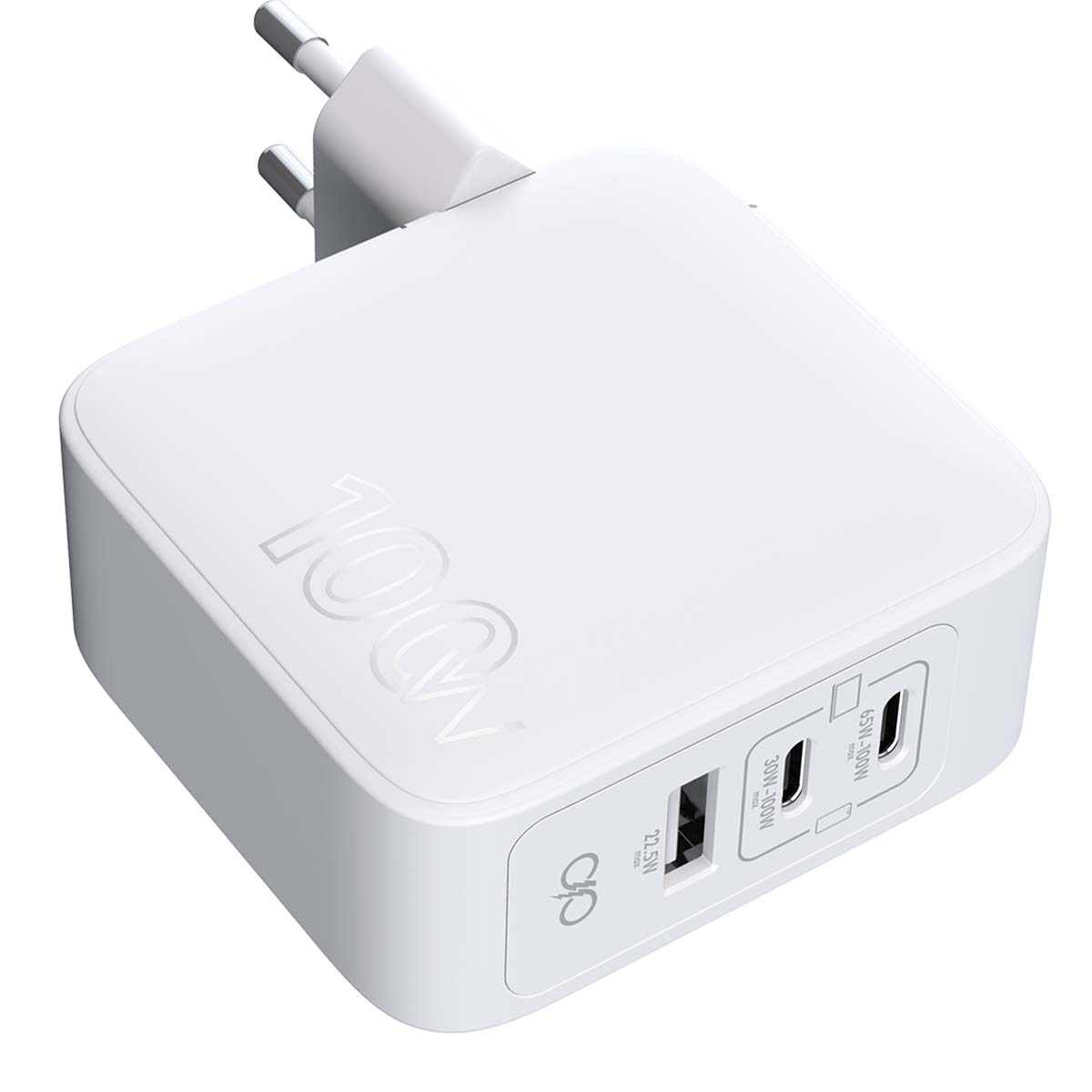 Ein weißer Netzadapter mit mehreren USB-Anschlüssen. Er hat einen Stecker und zeigt den Text '100W'. Die Anschlüsse sind mit Leistungsangaben beschriftet.
