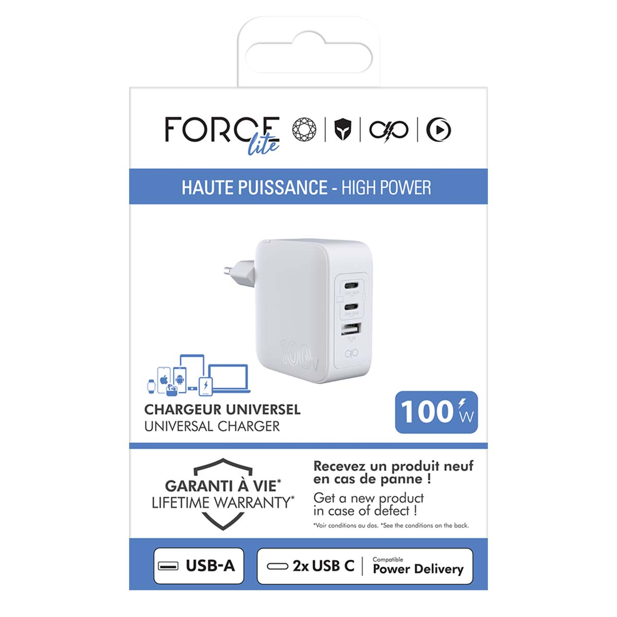 Weißes Force Lite 100W Universal-Ladegerät mit USB-A- und 2x USB-C-Anschlüssen, lebenslange Garantie, hohe Leistung.
