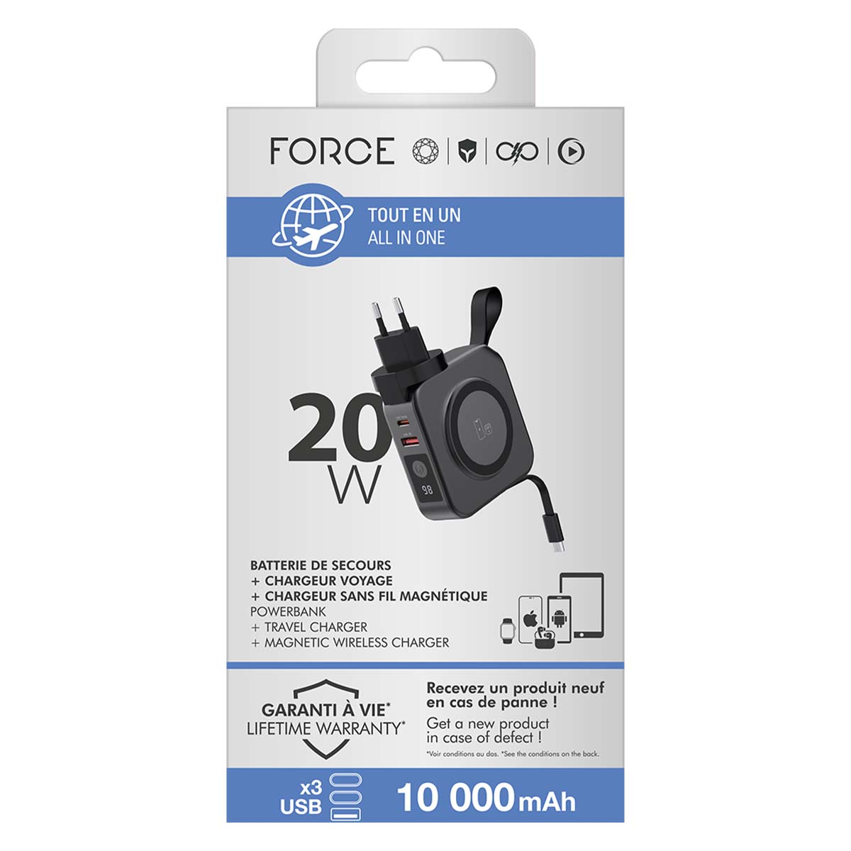 Eine Produktbox zeigt ein schwarzes Ladegerät mit Powerbank, Reiseladegerät und kabellosem Ladegerät. Text enthält 'FORCE' und '10 000 mAh'.
