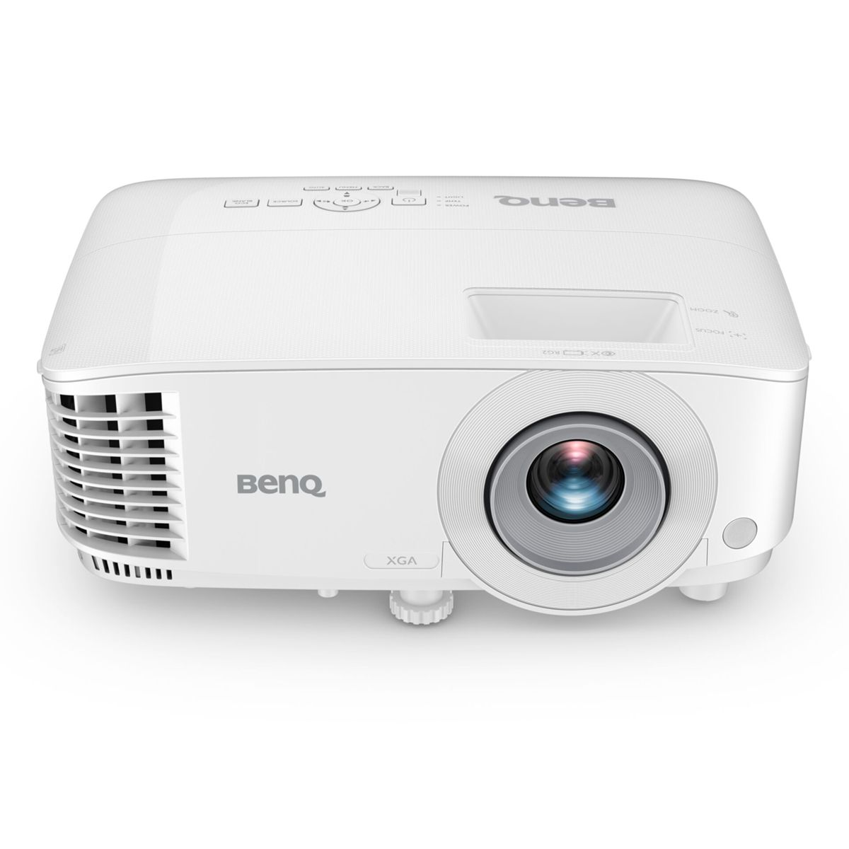 Weißer BenQ-Projektor auf weißem Hintergrund. Er hat ein Objektiv, Steuertasten und das BenQ-Logo. XGA ist ebenfalls sichtbar.