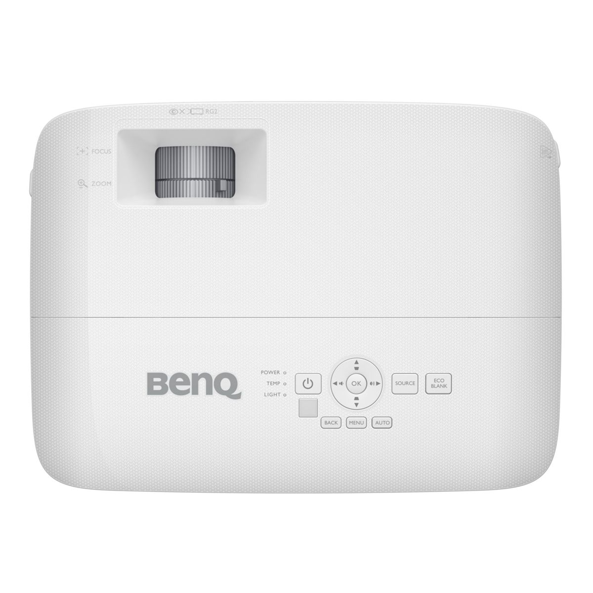 Weißer BenQ-Projektor. Oben befinden sich Fokus und Zoom, in der Mitte die Linse. Bedienelemente umfassen Power, Menü und Quelle.