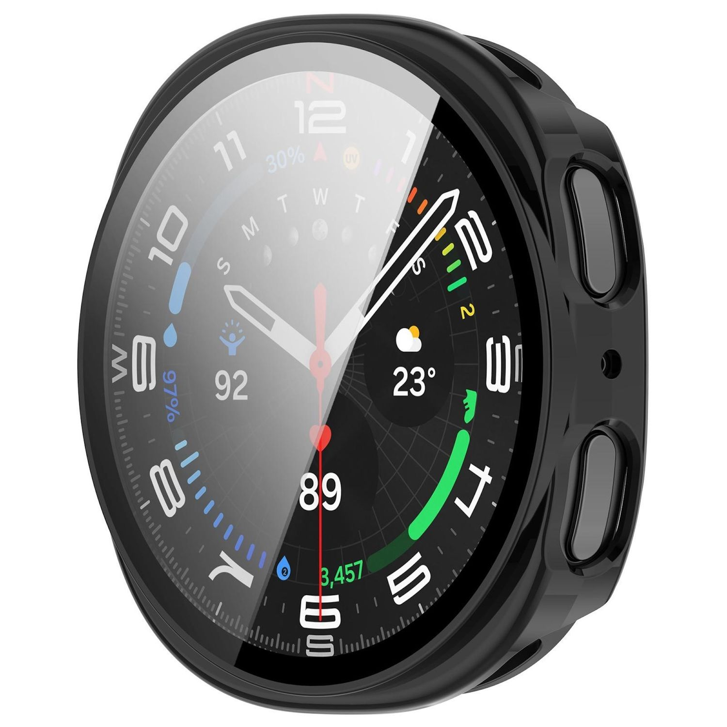Nahaufnahme einer Smartwatch mit schwarzer Lünette. Das Zifferblatt zeigt Zeit, Wetter und andere Daten. Die Uhr hat zwei Knöpfe an der Seite.