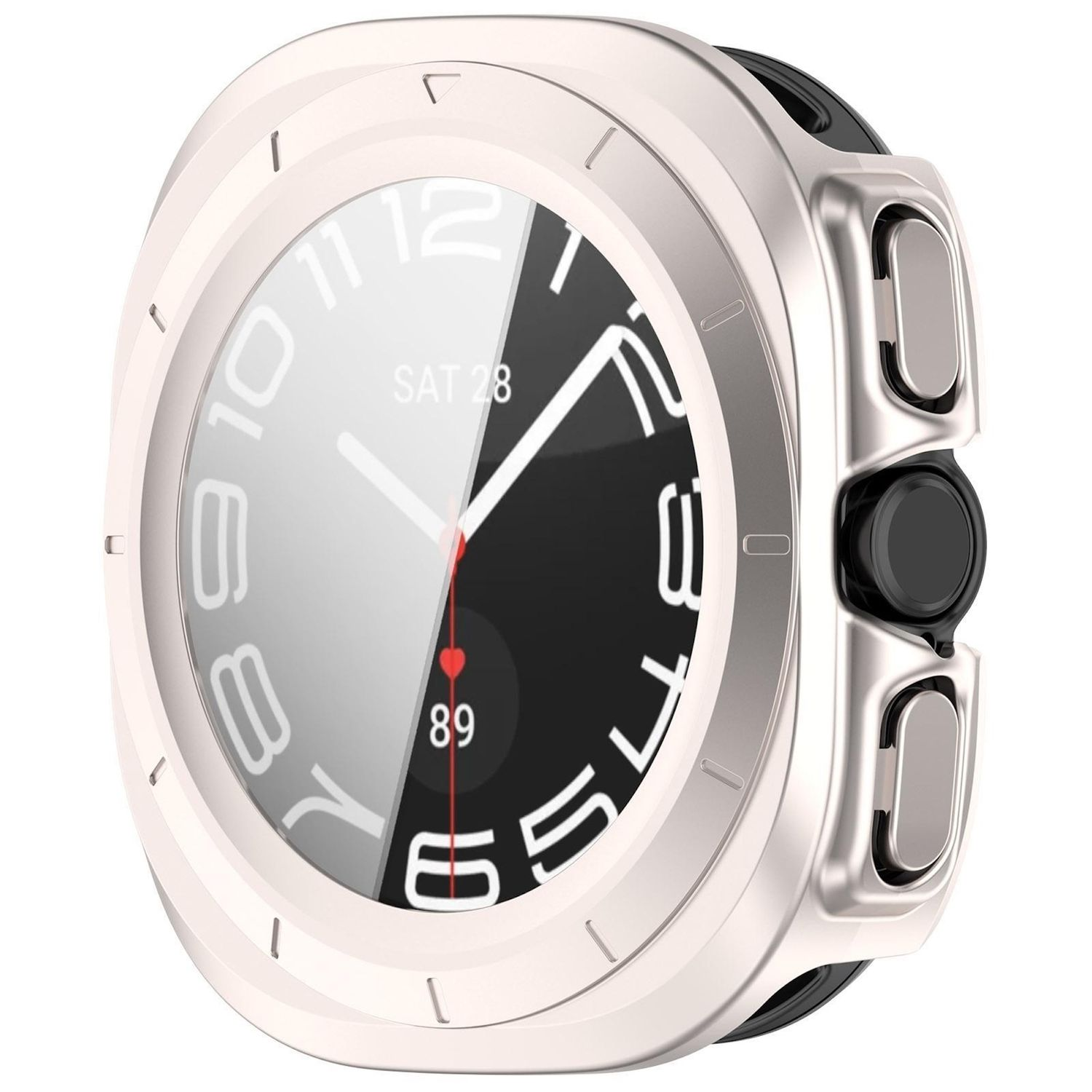 Primo piano di uno smartwatch, cassa argentata, quadrante bianco e nero con numeri e lancette, pulsanti laterali.
