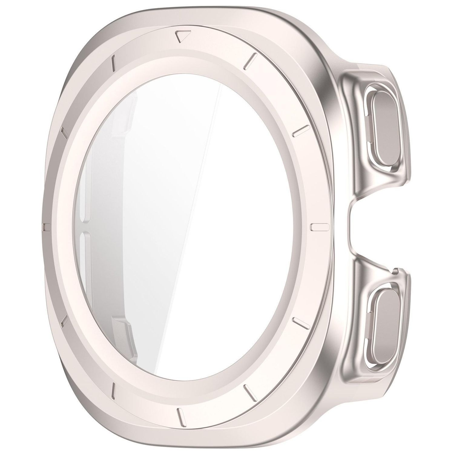 Una cassa per orologio argentata con schermo circolare trasparente, design curvo e due pulsanti laterali. Lo sfondo è bianco.