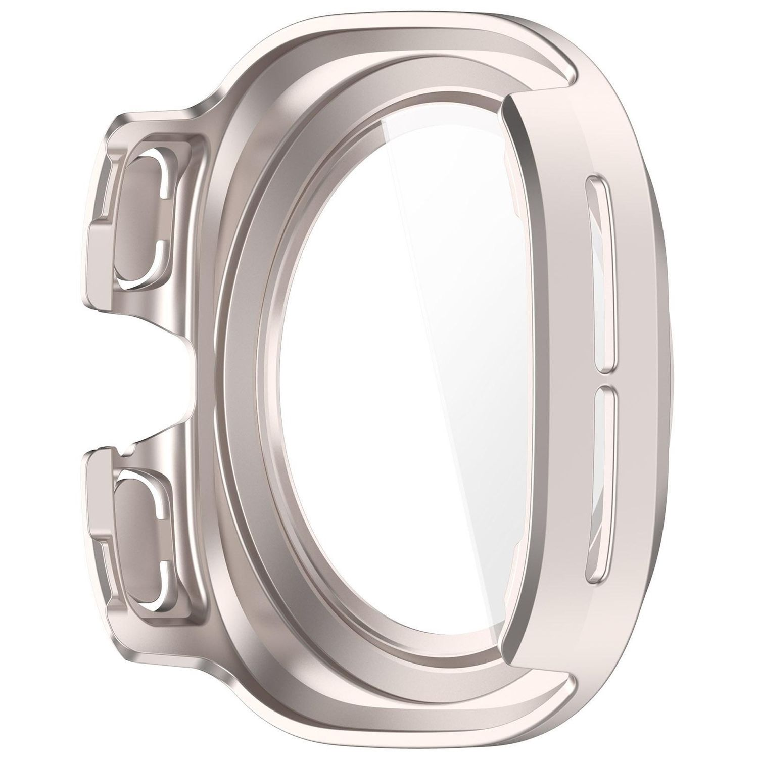 Un protettore per orologio metallico, circolare, con centro trasparente. Ha un design moderno con due chiusure laterali.