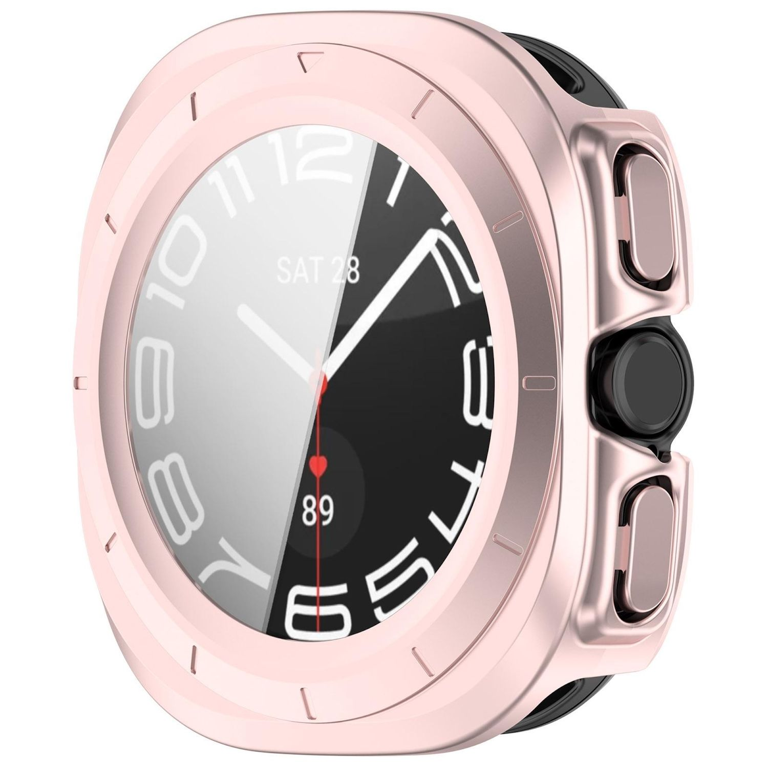 Uno smartwatch oro rosa con display in bianco e nero. Mostra data, ora e frequenza cardiaca.