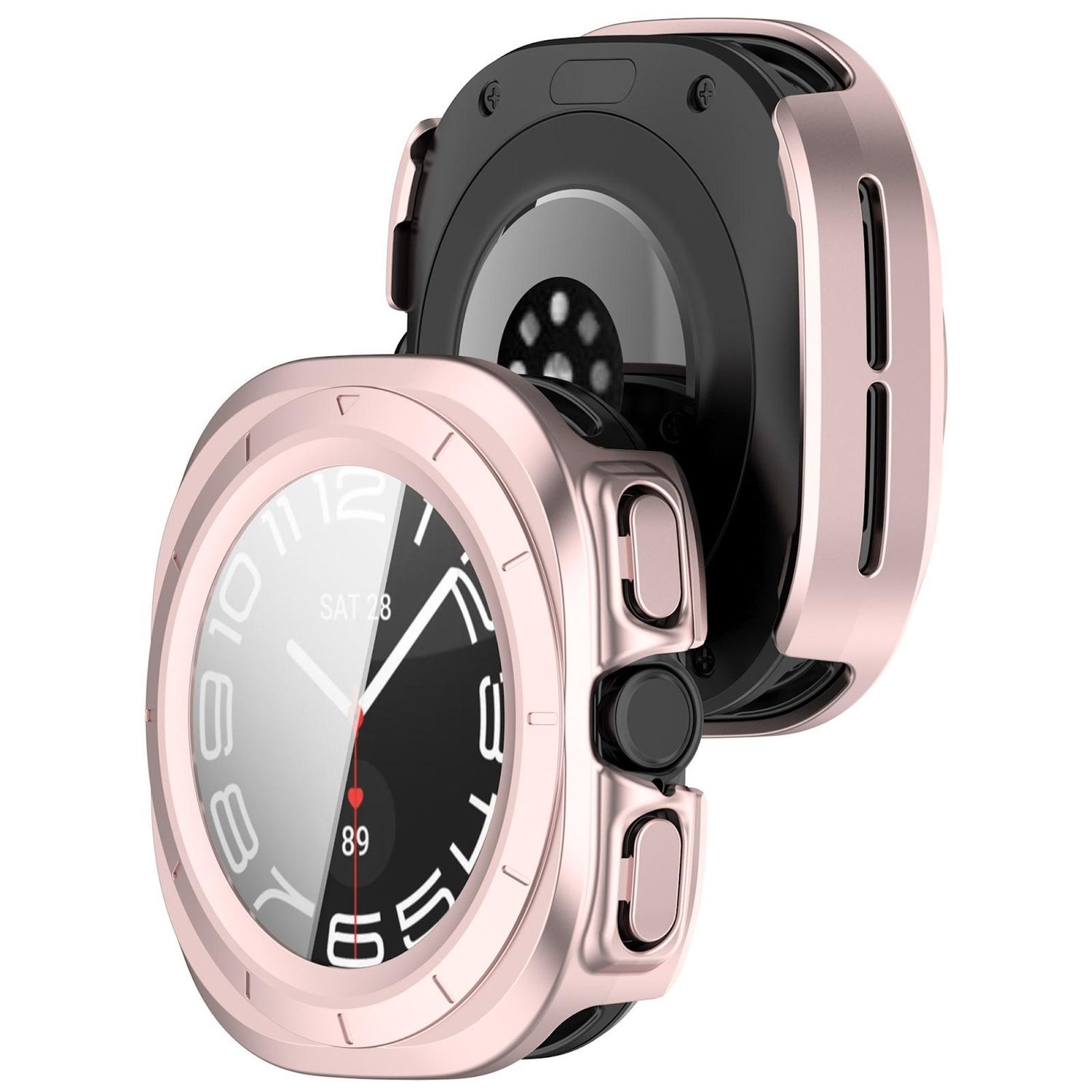 Uno smartwatch oro rosa con display nero, che mostra data e frequenza cardiaca. L'orologio è parzialmente smontato.