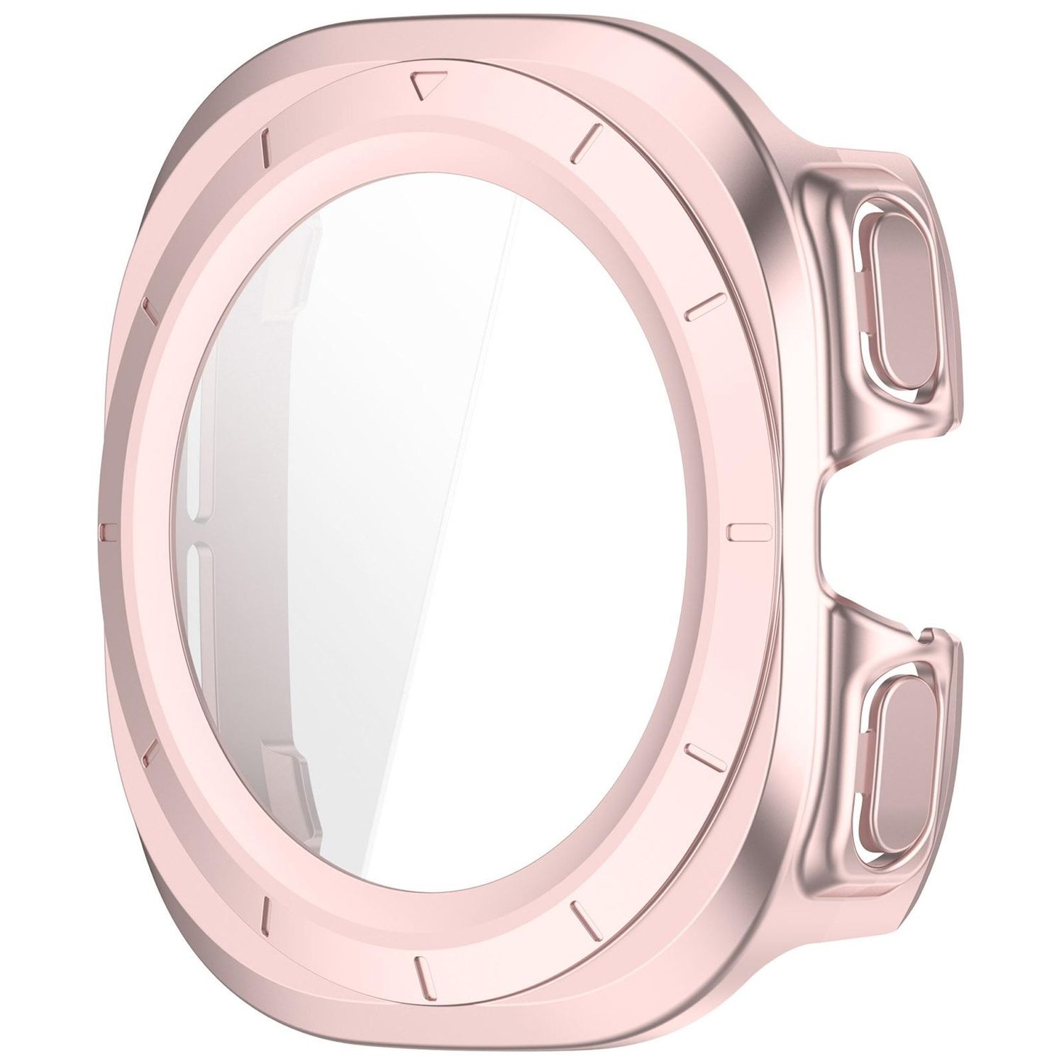 Una cassa per orologio oro rosa con una protezione schermo trasparente. Ha due pulsanti laterali. La cassa è su sfondo bianco.