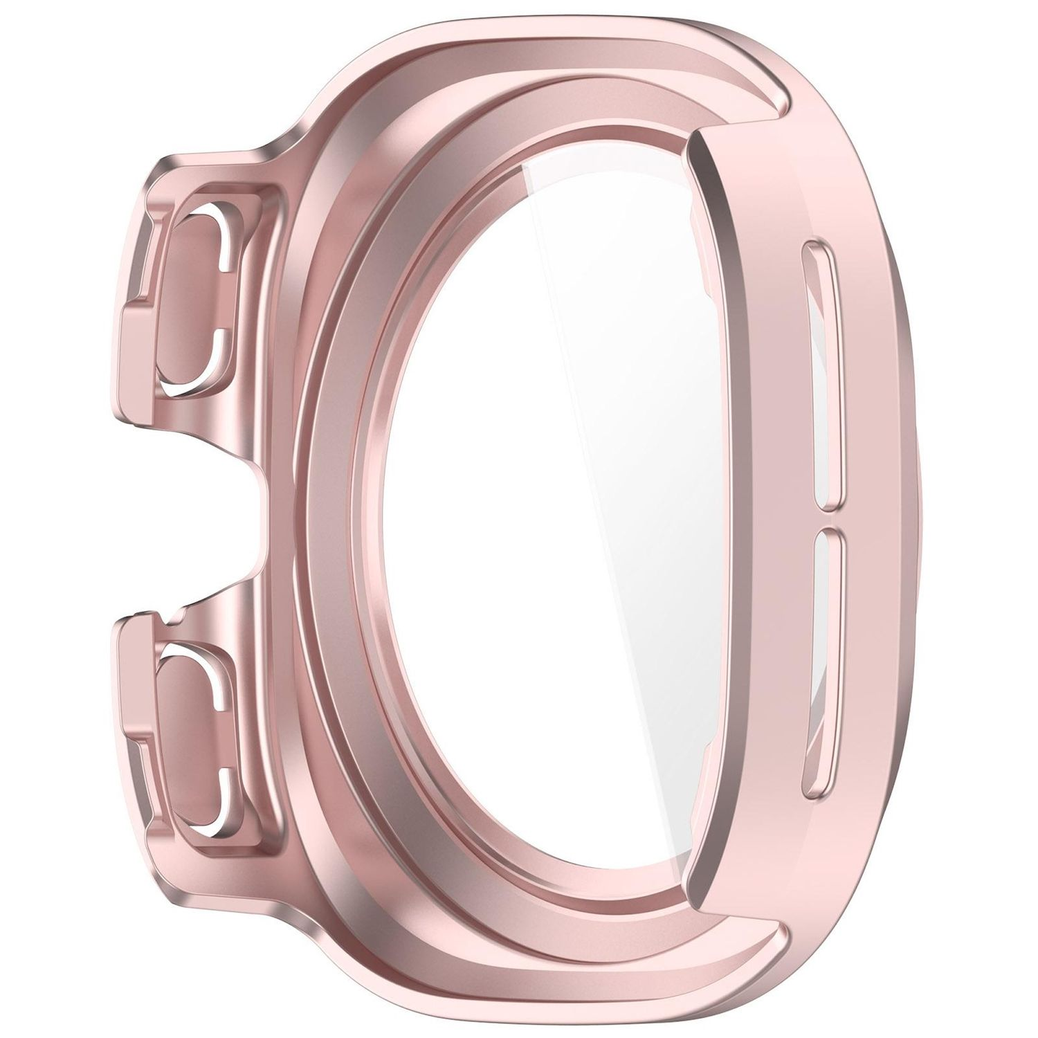 Una custodia protettiva color oro rosa per un orologio. Ha una protezione per lo schermo trasparente e un design curvo e arrotondato. La custodia è su sfondo bianco.