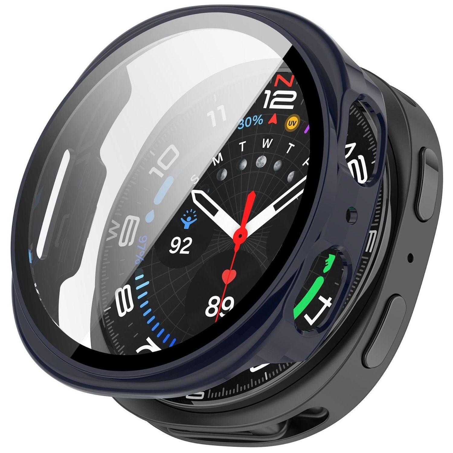 Uno smartwatch con cassa blu scuro e quadrante nero. Sono visibili numeri e indicatori. Viene mostrata l'ora.