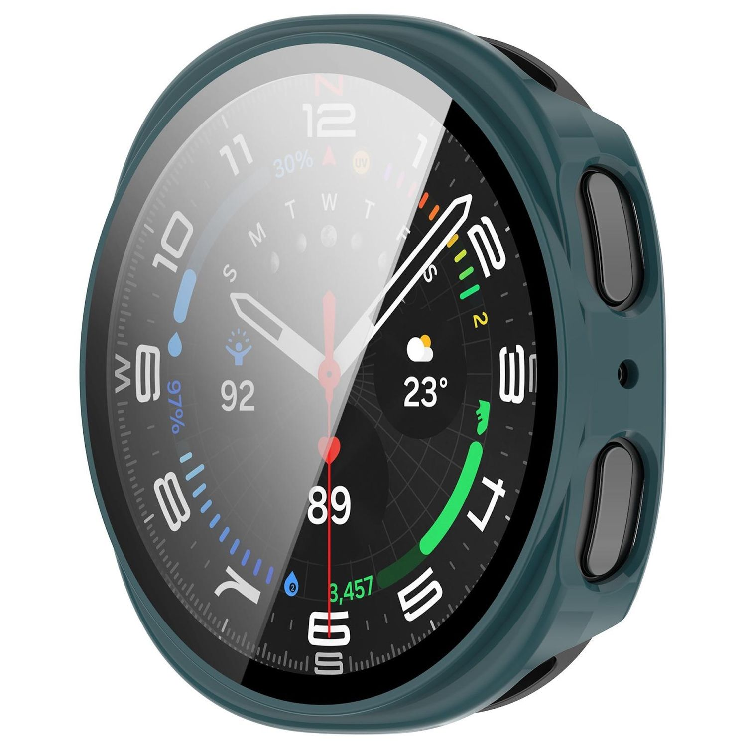 Primo piano di uno smartwatch con cassa verde scuro. Il quadrante mostra ora, meteo e dati sanitari.