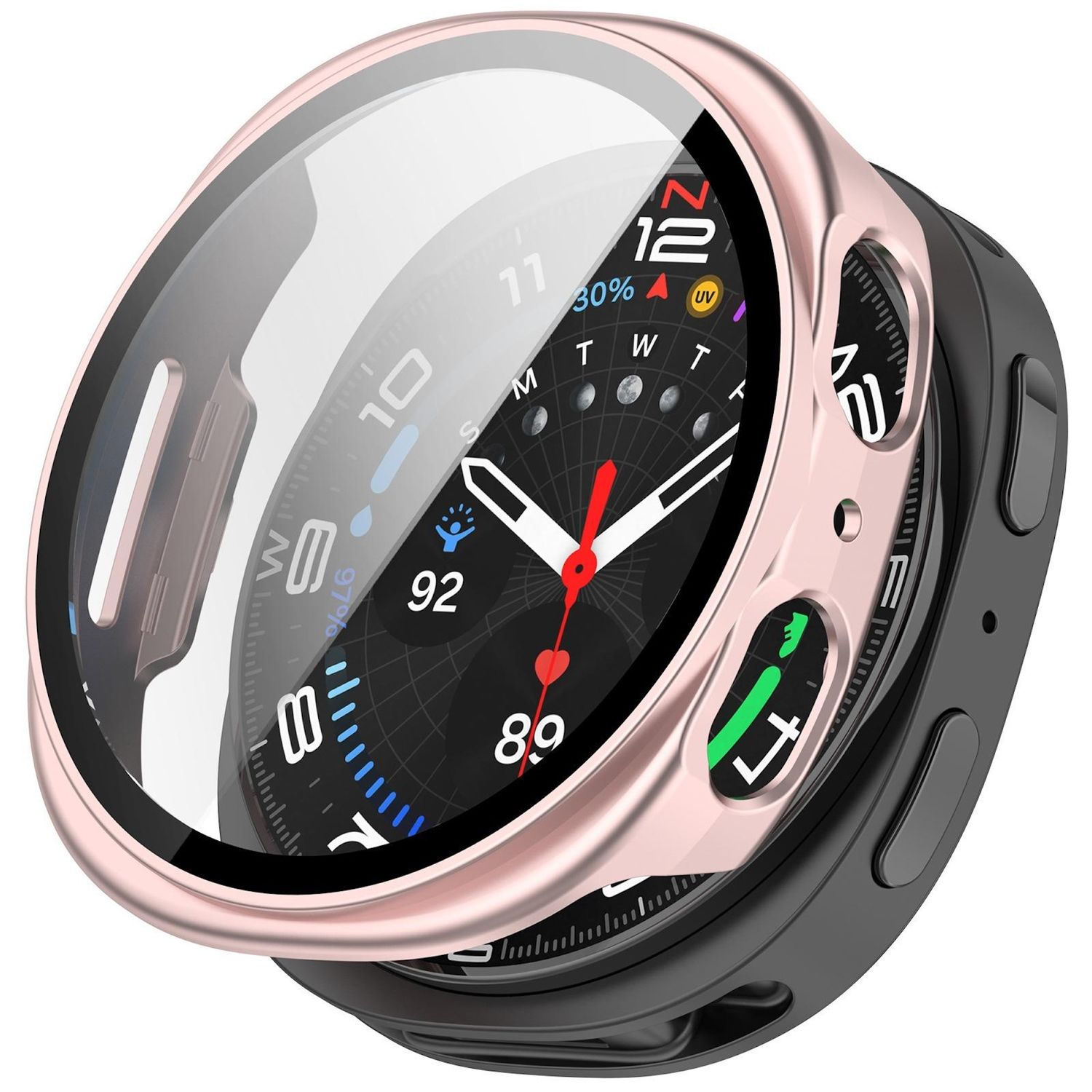 Uno smartwatch oro rosa con schermo nero che mostra ora e metriche di salute. L'orologio ha un cinturino nero e una protezione trasparente.