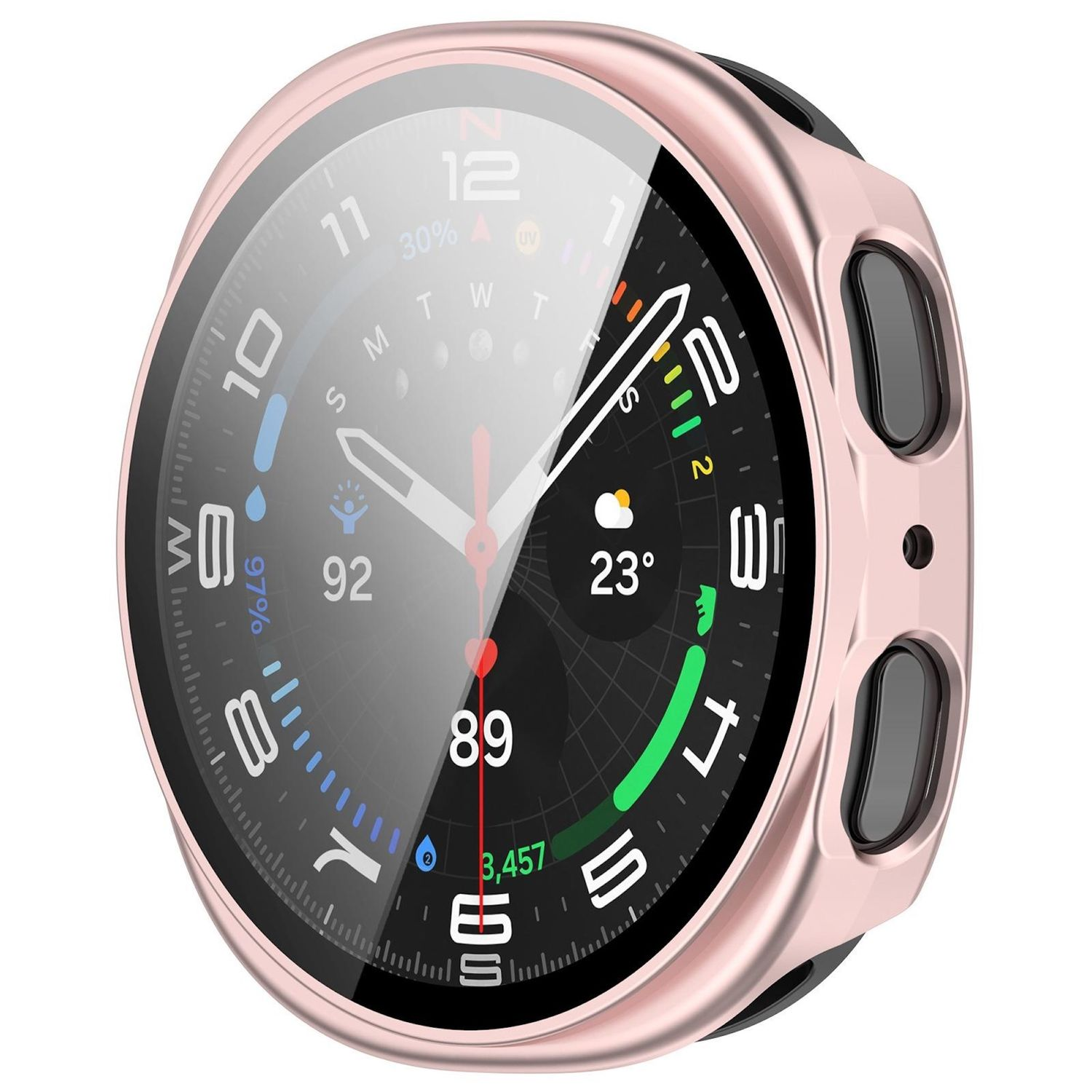 Uno smartwatch oro rosa mostra ora, dati sanitari e meteo. Include una lunetta nera, schermo in vetro e due pulsanti laterali.
