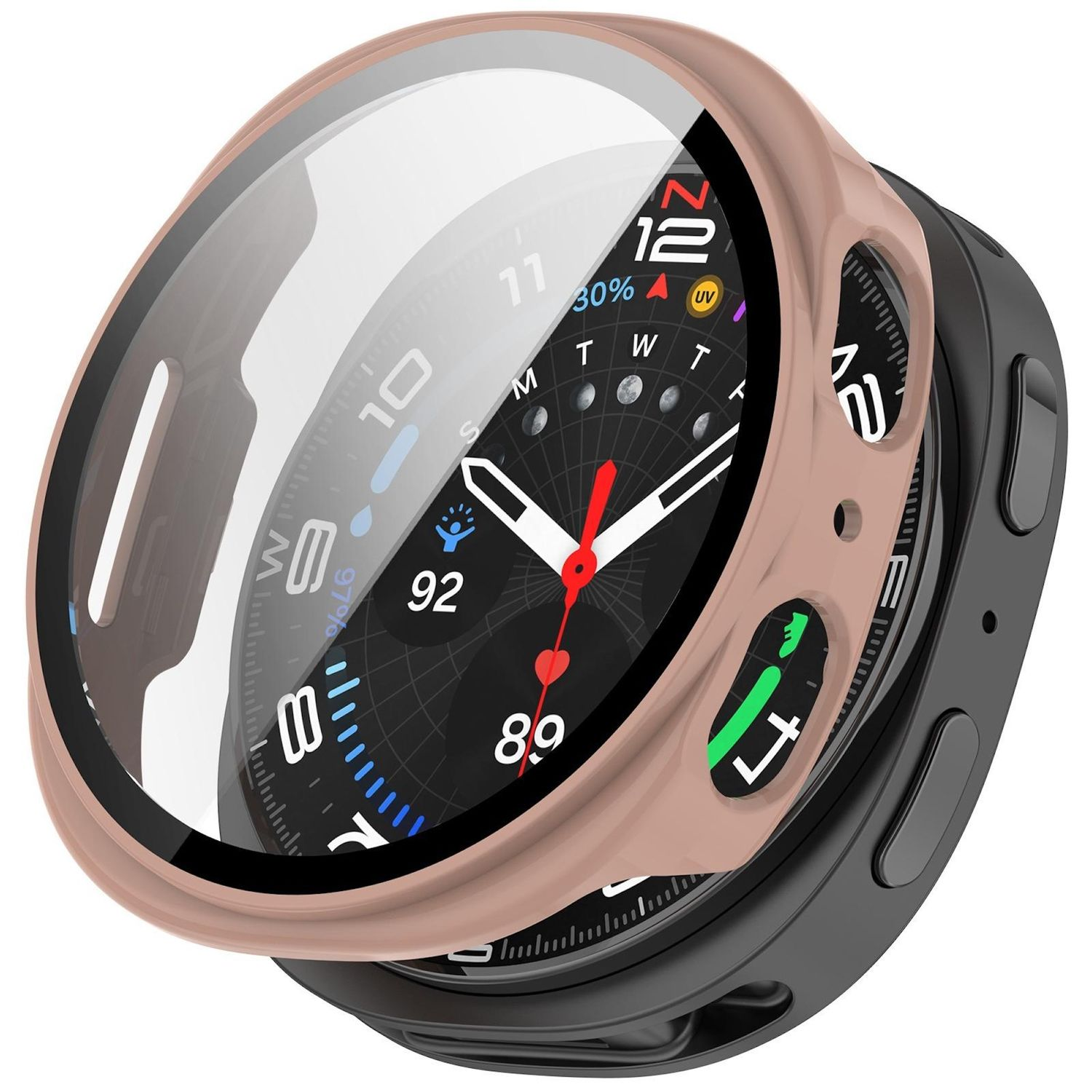 Uno smartwatch con lunetta oro rosa e corpo nero. Lo schermo mostra ora e dati sanitari. È presente una protezione.
