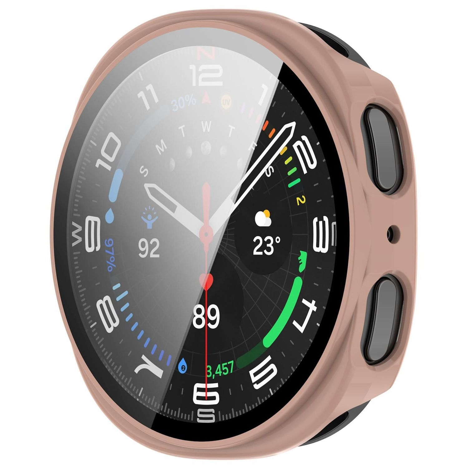 Primo piano di uno smartwatch, che mostra il suo quadrante con numeri, lancette e vari display di dati. L'orologio ha una cassa color oro rosa.