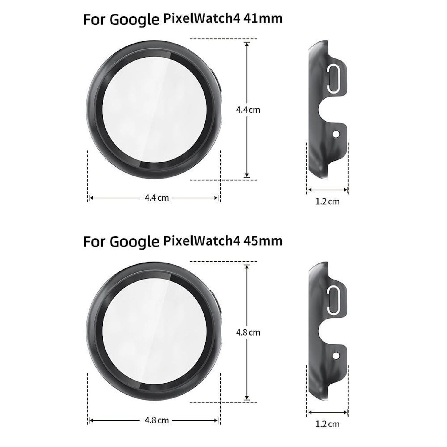 Diagrammi mostrano protezioni schermo per Google Pixel Watch 41mm e 45mm. Include dimensioni in cm. Viene mostrato il profilo laterale dell'orologio.
